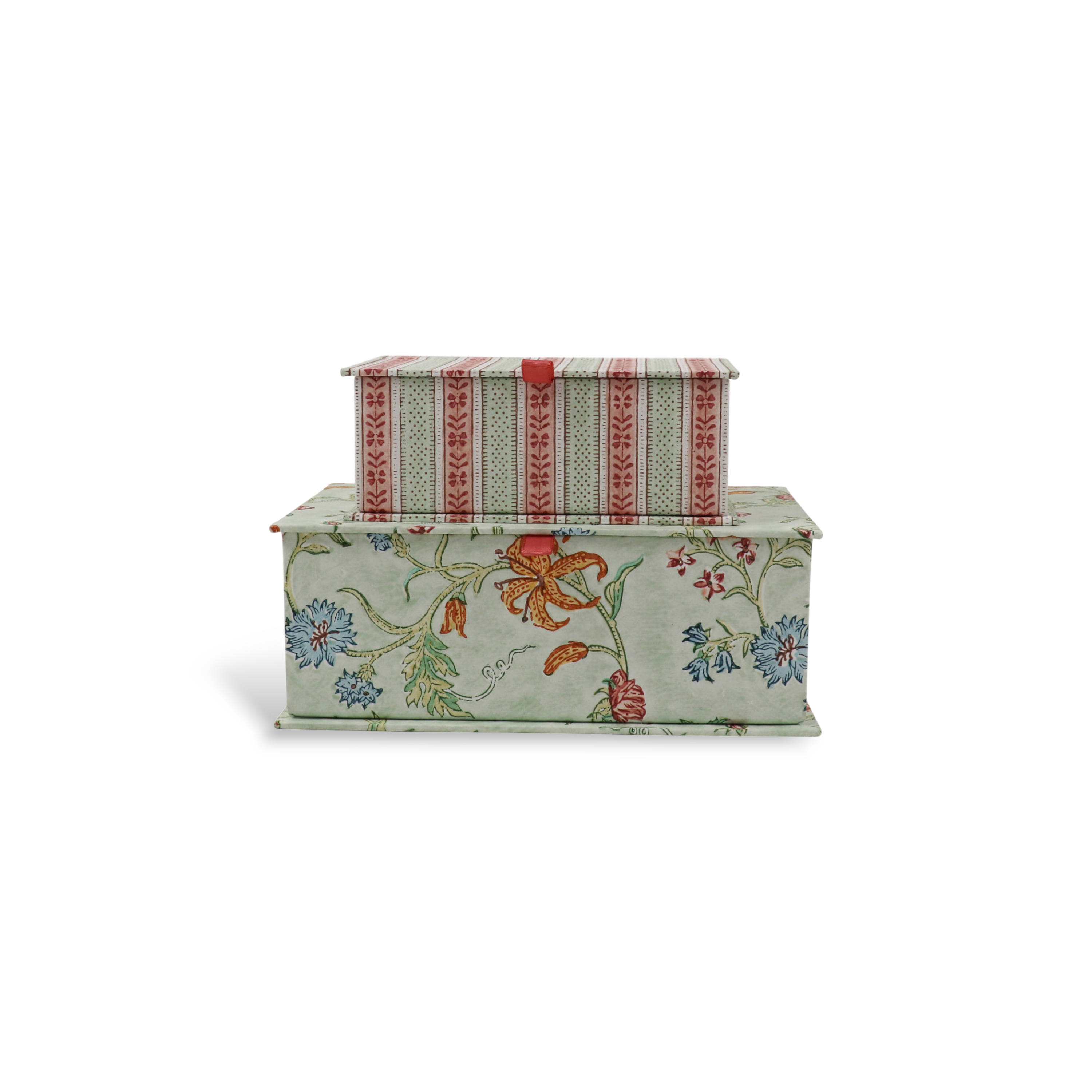 Mint Meadow – Hand Block Printed Keepsake Box Set (Set of 2) (Small: 6.75” x 5” x 2.75” | Large: 9.5” x 7” x 3.5” | 100% Recycled Cotton Paper)