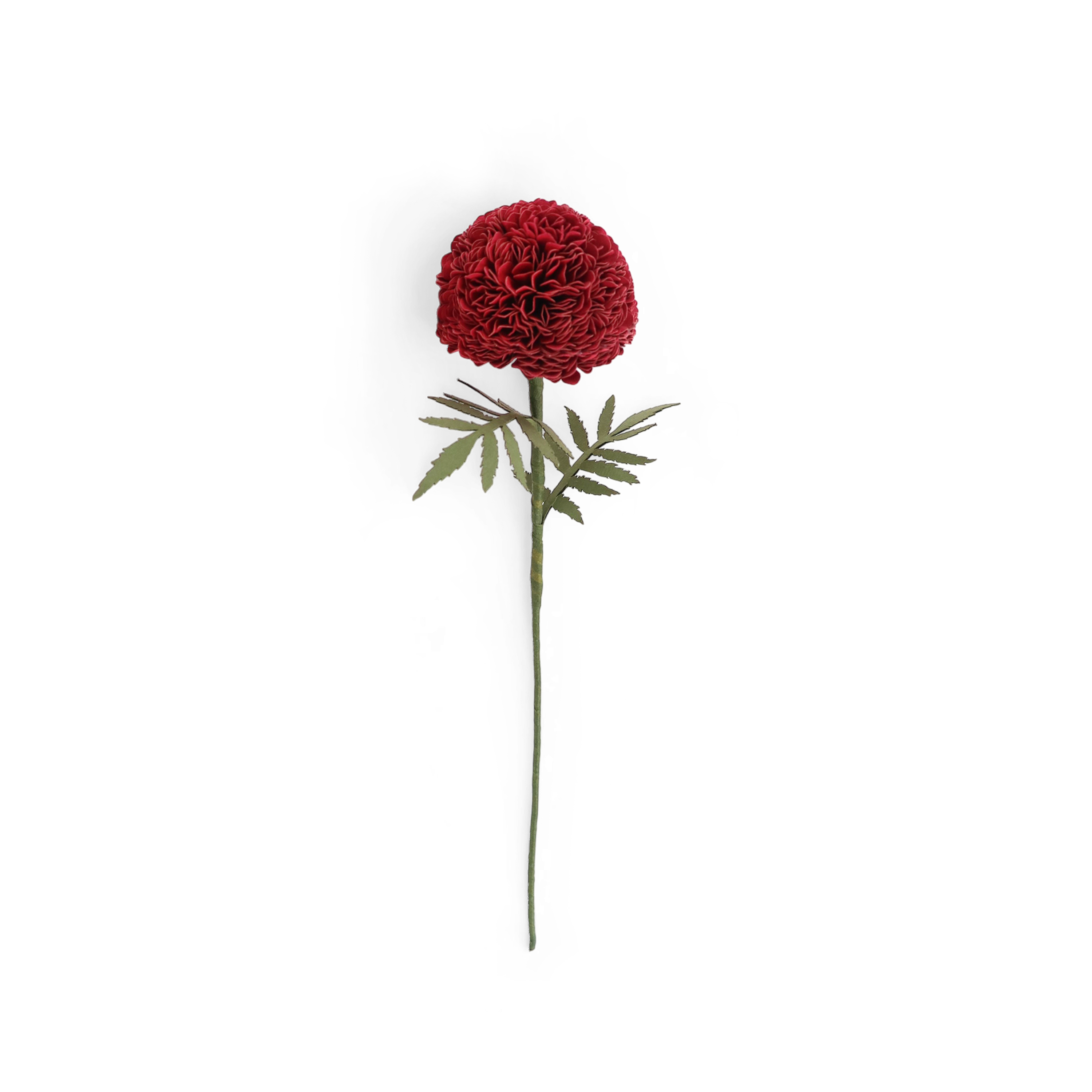 Handmade Paper Marigold – Deep Red Bloom Stem (Size: 2.5” x 9” | Recycled Cotton Paper)