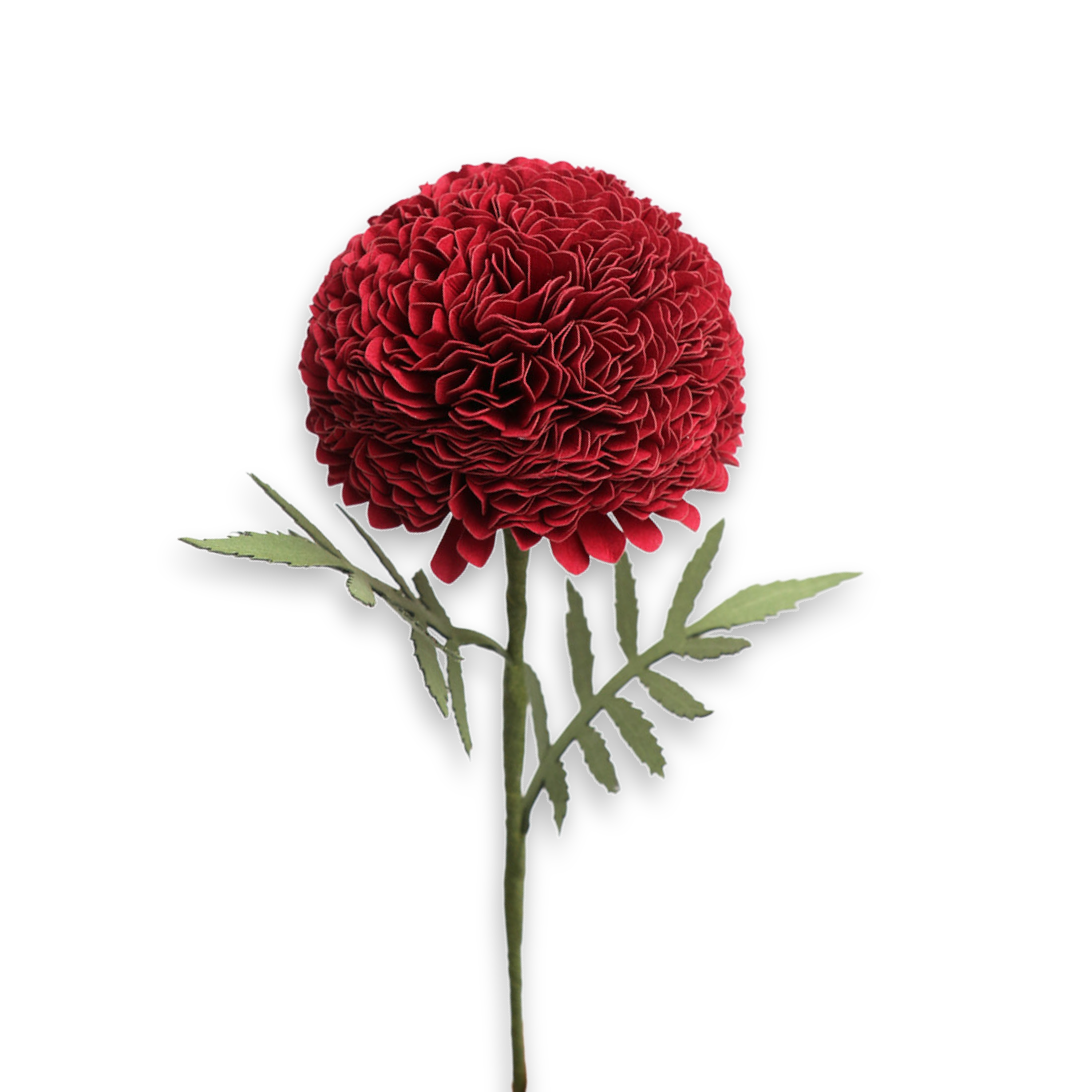 Handmade Paper Marigold – Deep Red Bloom Stem (Size: 2.5” x 9” | Recycled Cotton Paper)
