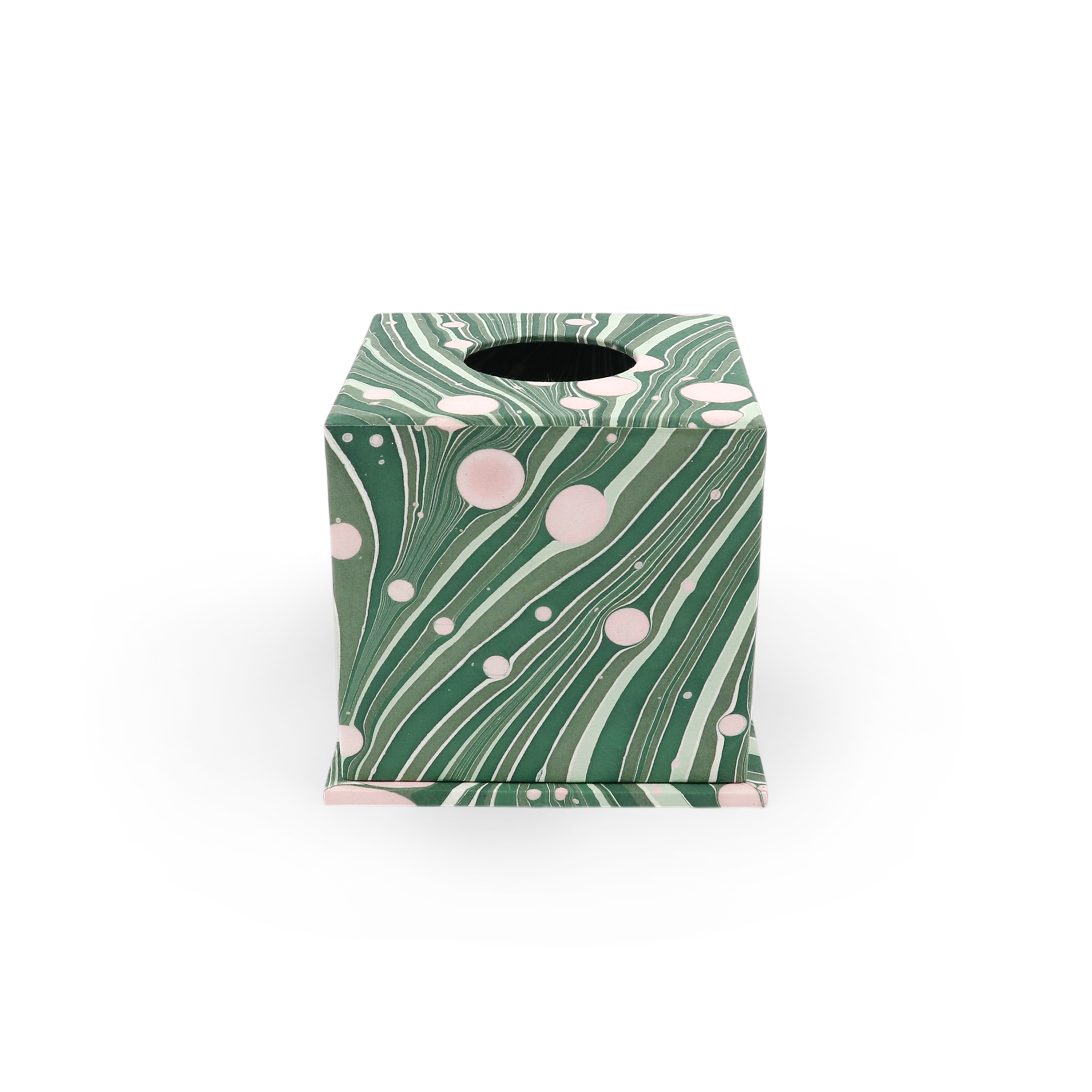 Green Fire Whirl – Hand Marbled Tissue Box Cover (5.25” H x 5” W x 5” D)