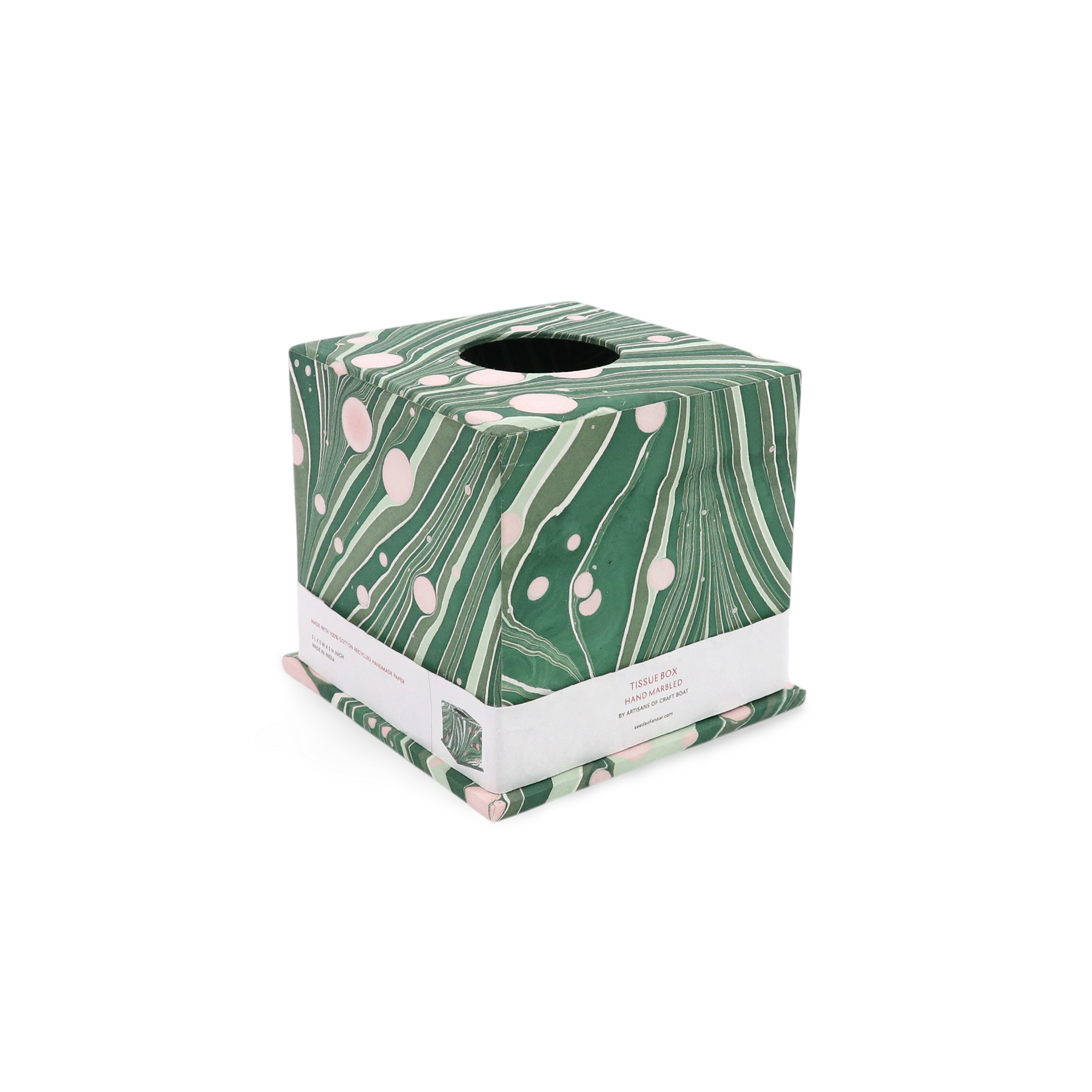 Green Fire Whirl – Hand Marbled Tissue Box Cover (5.25” H x 5” W x 5” D)