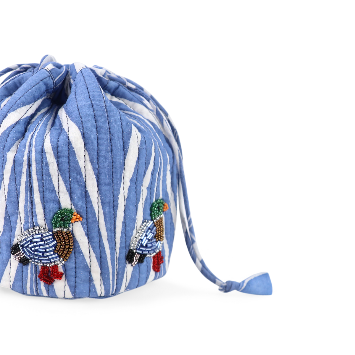 Harbor Blue Banyan – Hand Embroidered Quilted Pouch (Jewelry & Beauty Organizer)