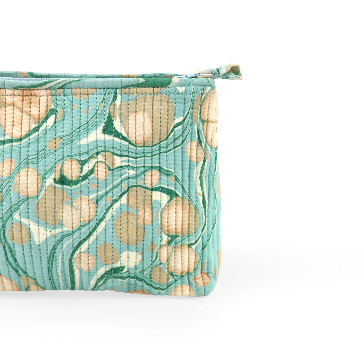 Celadon Green Pebble – Hand Marbled Quilted Cotton Pouch  (Large – 9.5" x 6.5" x 3")