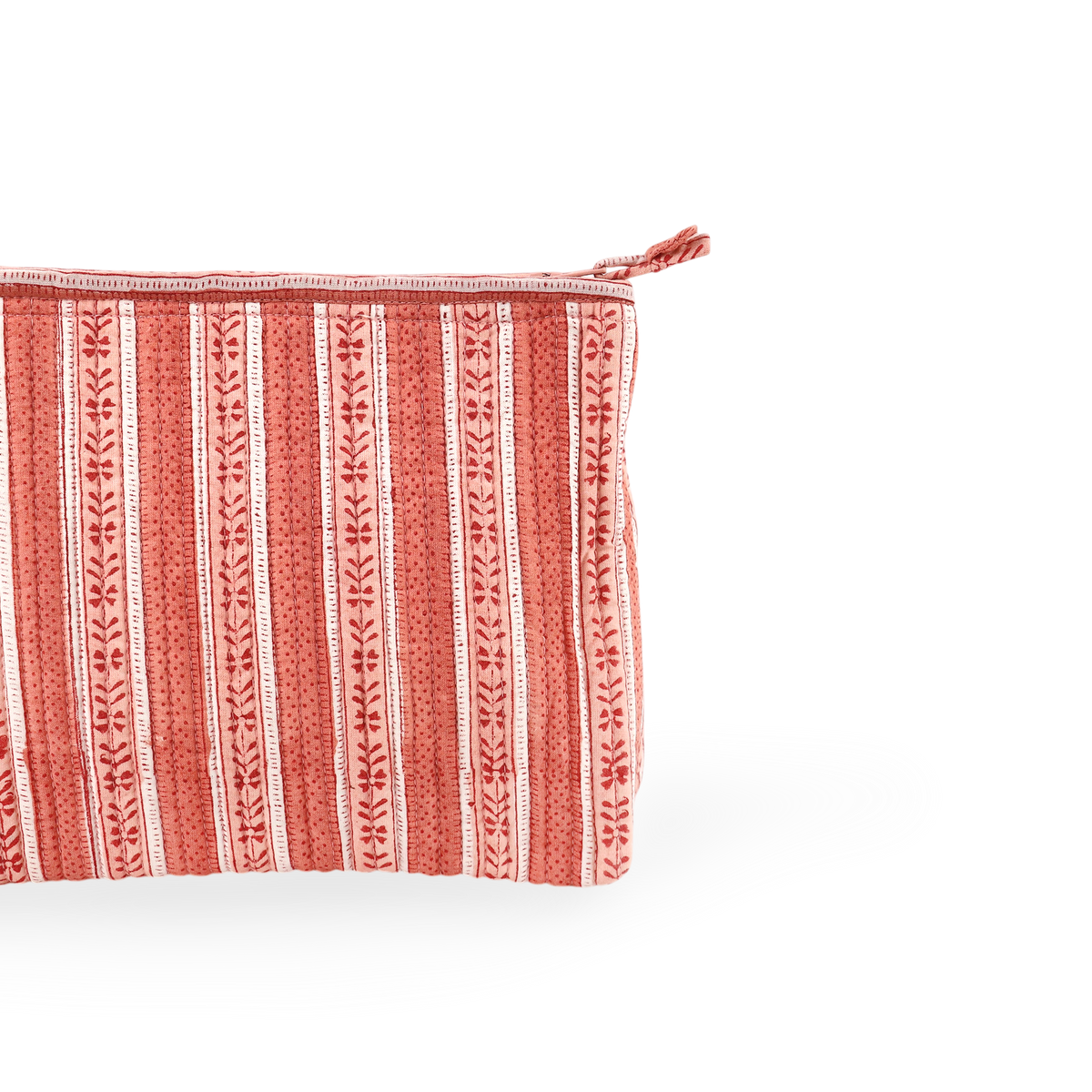Garnet Red Floral Stripe – Hand Block Printed Quilted Cotton Pouch  (Large – 9.5" x 6.5" x 3")