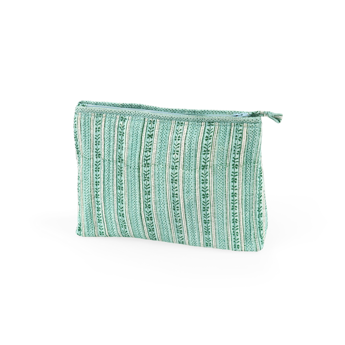 Celadon Green Floral Stripe – Hand Block Printed Quilted Cotton Pouch  (Large – 9.5" x 6.5" x 3")