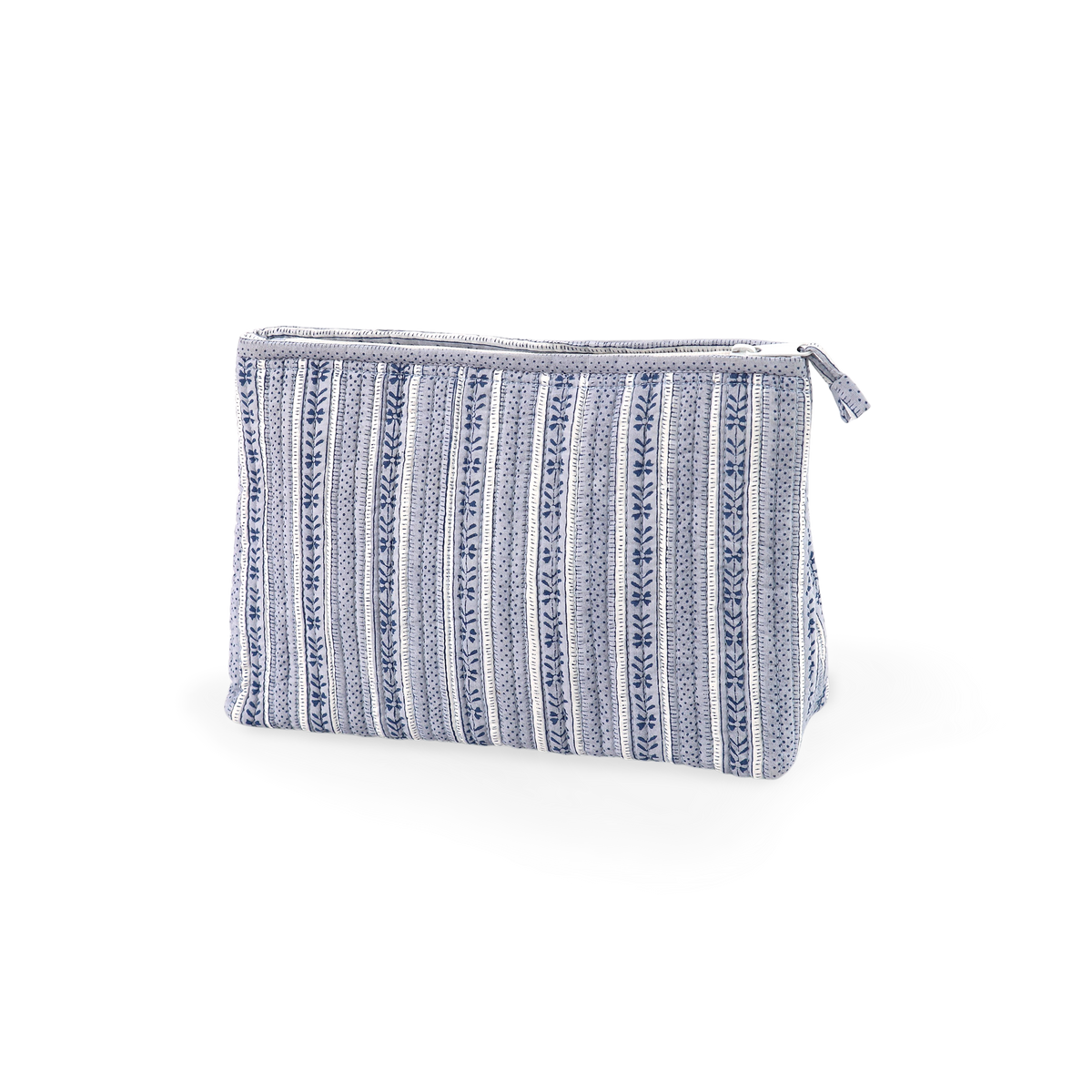 Harbor Blue Floral Stripe – Hand Block Printed Quilted Cotton Pouch  (Large – 9.5" x 6.5" x 3")