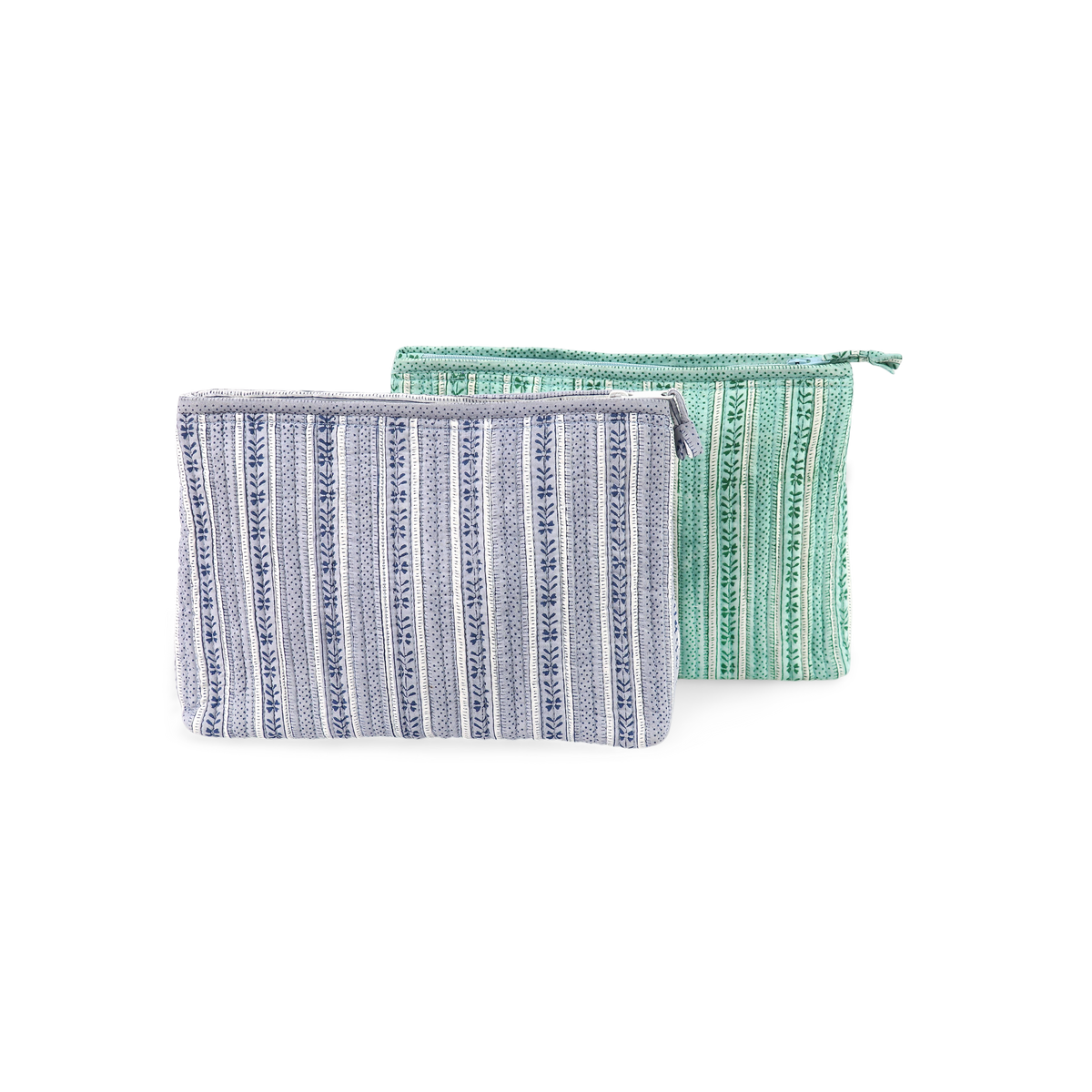 Harbor Blue Floral Stripe – Hand Block Printed Quilted Cotton Pouch  (Large – 9.5" x 6.5" x 3")