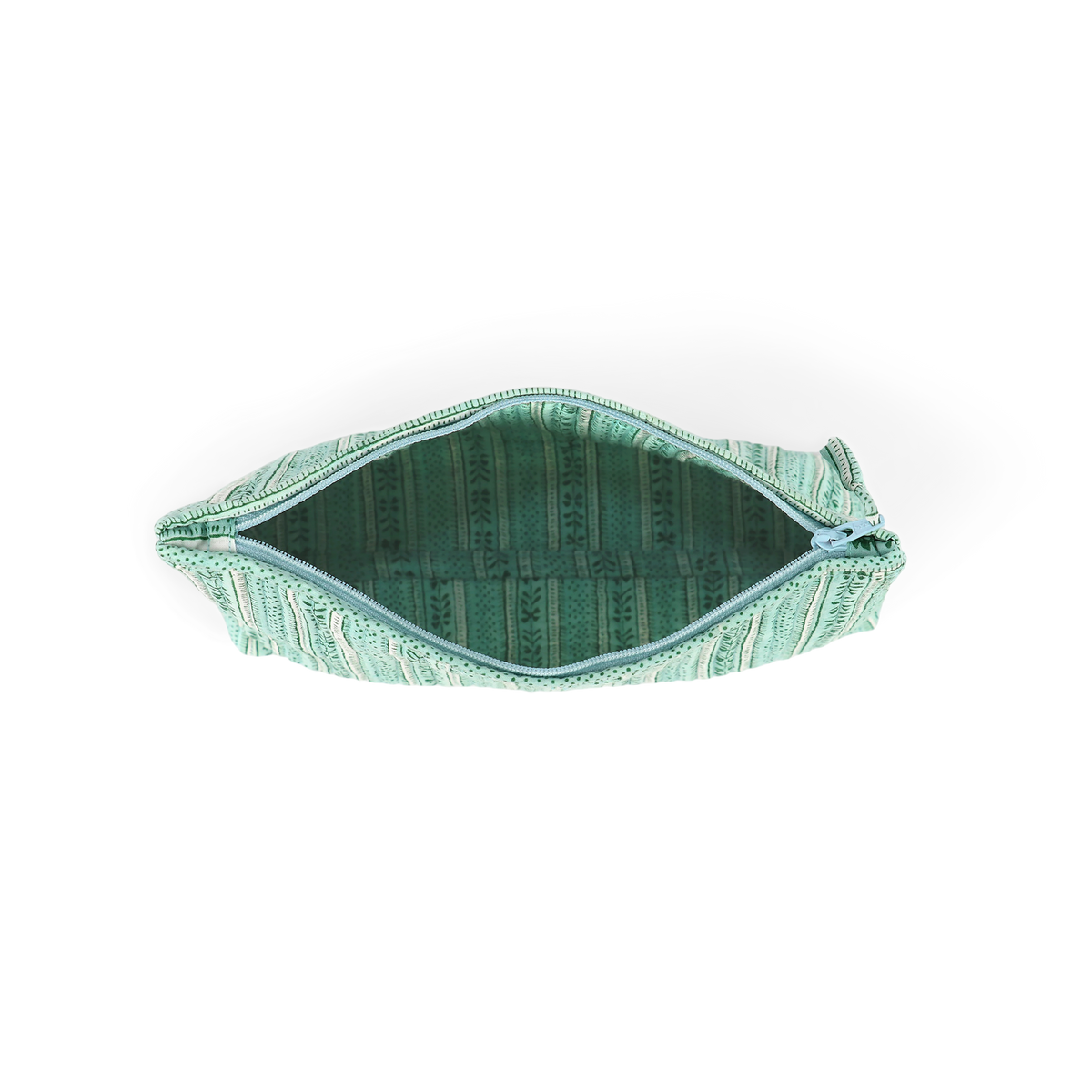 Celadon Green Floral Stripe – Hand Block Printed Quilted Cotton Pouch  (Large – 9.5" x 6.5" x 3")