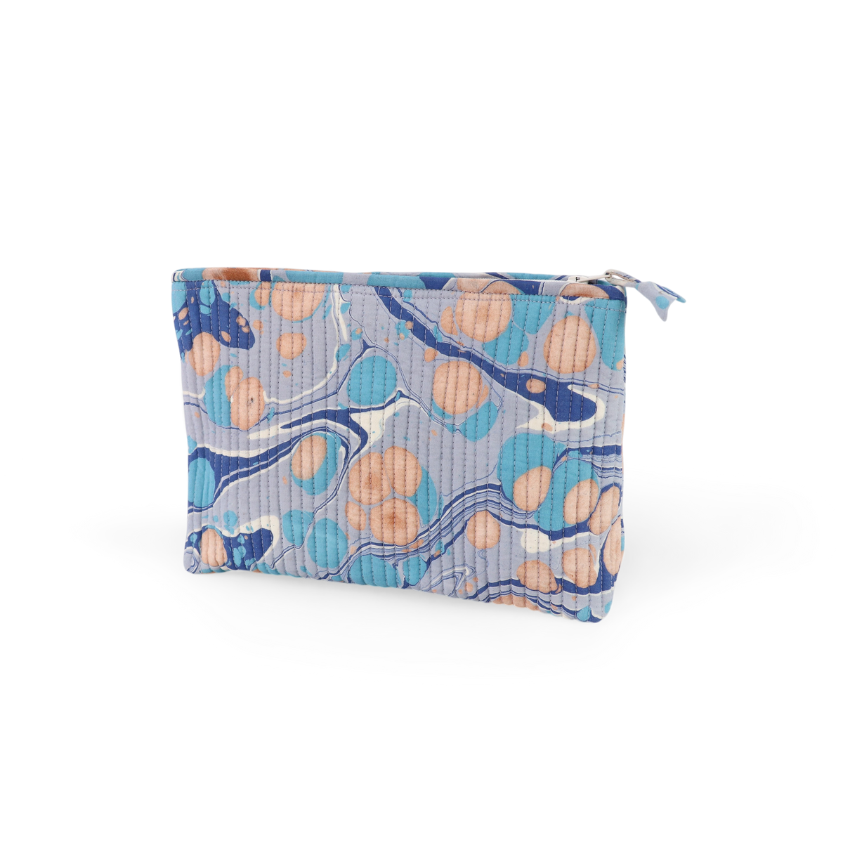 Harbor Blue Pebble – Hand Marbled Quilted Cotton Pouch  (Large – 9.5" x 6.5" x 3")