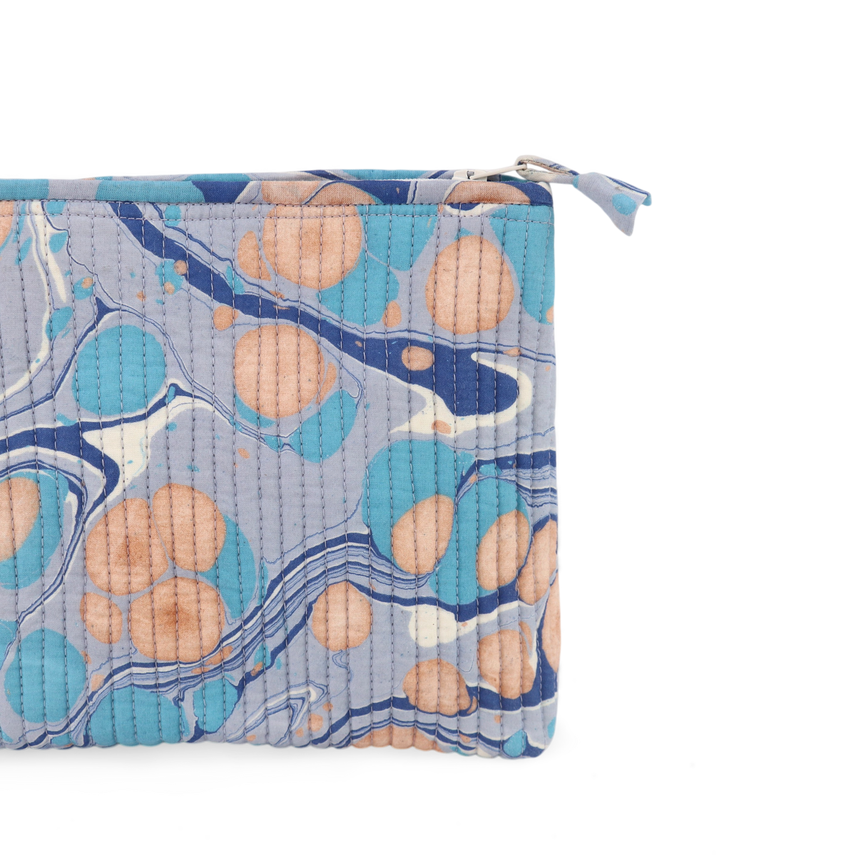 Harbor Blue Pebble – Hand Marbled Quilted Cotton Pouch  (Large – 9.5" x 6.5" x 3")
