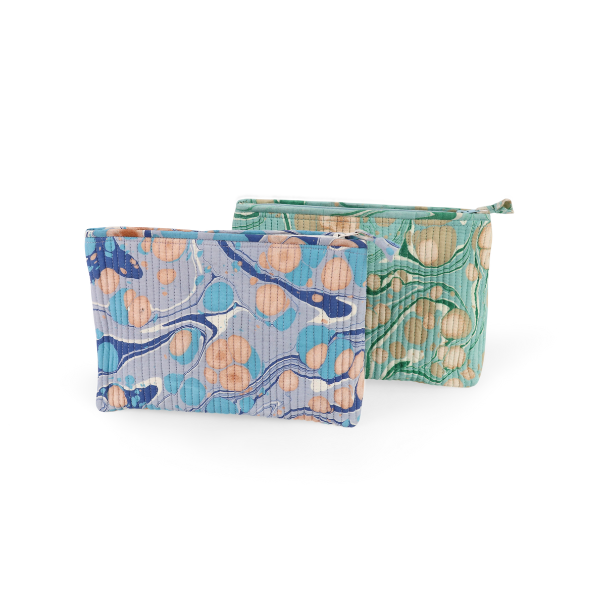 Celadon Green Pebble – Hand Marbled Quilted Cotton Pouch  (Large – 9.5" x 6.5" x 3")
