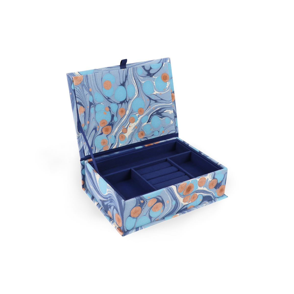 Harbor Blue Pebble – Hand Marbled Keepsake Jewelry Box (9.5” x 7” x 3.5” | 100% Cotton Casement)
