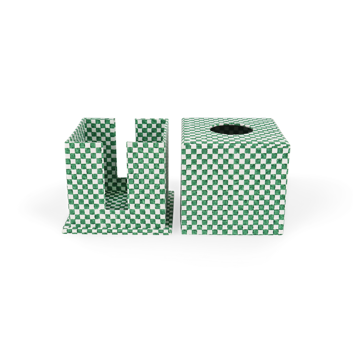 Celadon Green Checker Board – Hand Block Printed Tissue Box (5.25” H × 5” W × 5” D | 100% Recycled Cotton Paper)