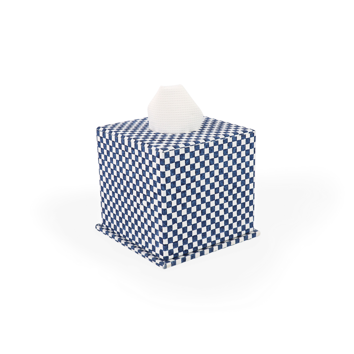 Harbor Blue Checker Board – Hand Block Printed Tissue Box (5.25” H × 5” W × 5” D | 100% Recycled Cotton Paper)