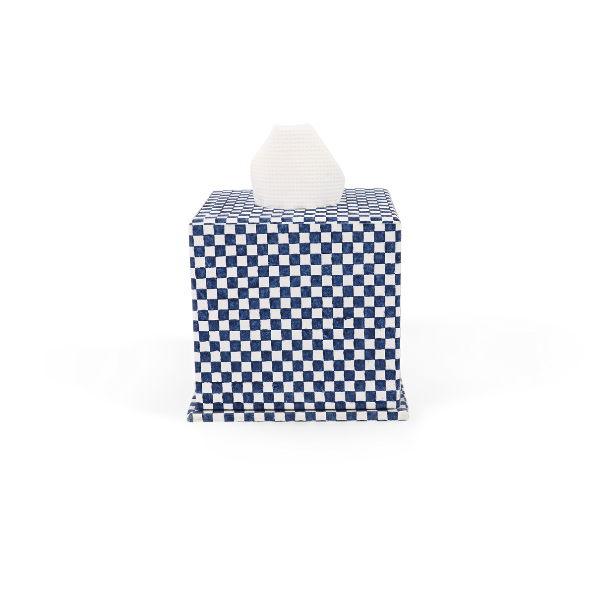 Harbor Blue Checker Board – Hand Block Printed Tissue Box (5.25” H × 5” W × 5” D | 100% Recycled Cotton Paper)