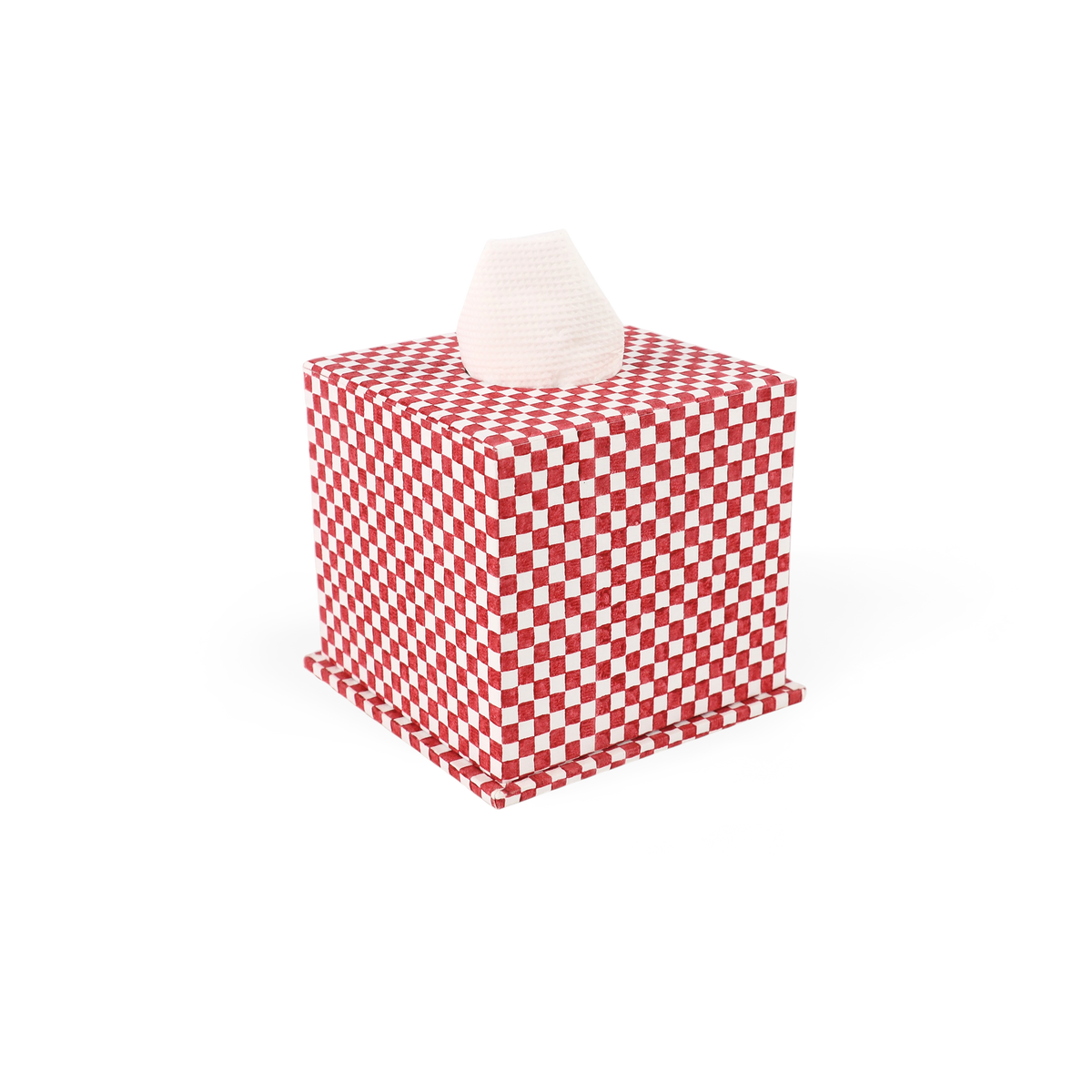 Garnet Red Checker Board – Hand Block Printed Tissue Box (5.25” H × 5” W × 5” D | 100% Recycled Cotton Paper)
