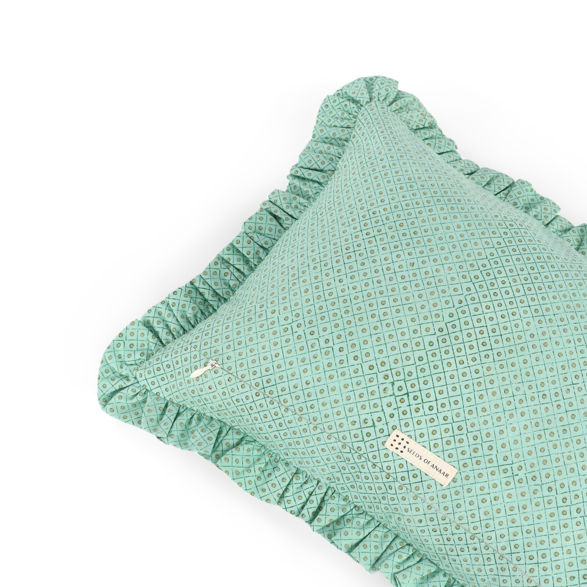 Celadon Green Dot & Grid – Hand Block Printed Cotton Pillow Cover (12" x 16")