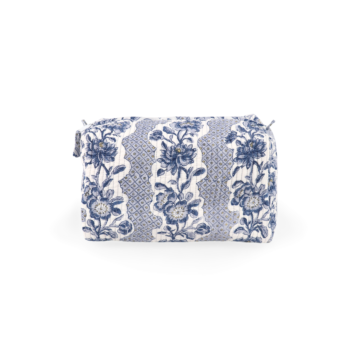 Harbor Blue Blooming Trellis – Hand Block Printed Quilted Beauty Bag (Large - 9.5" x 5" x 4")
