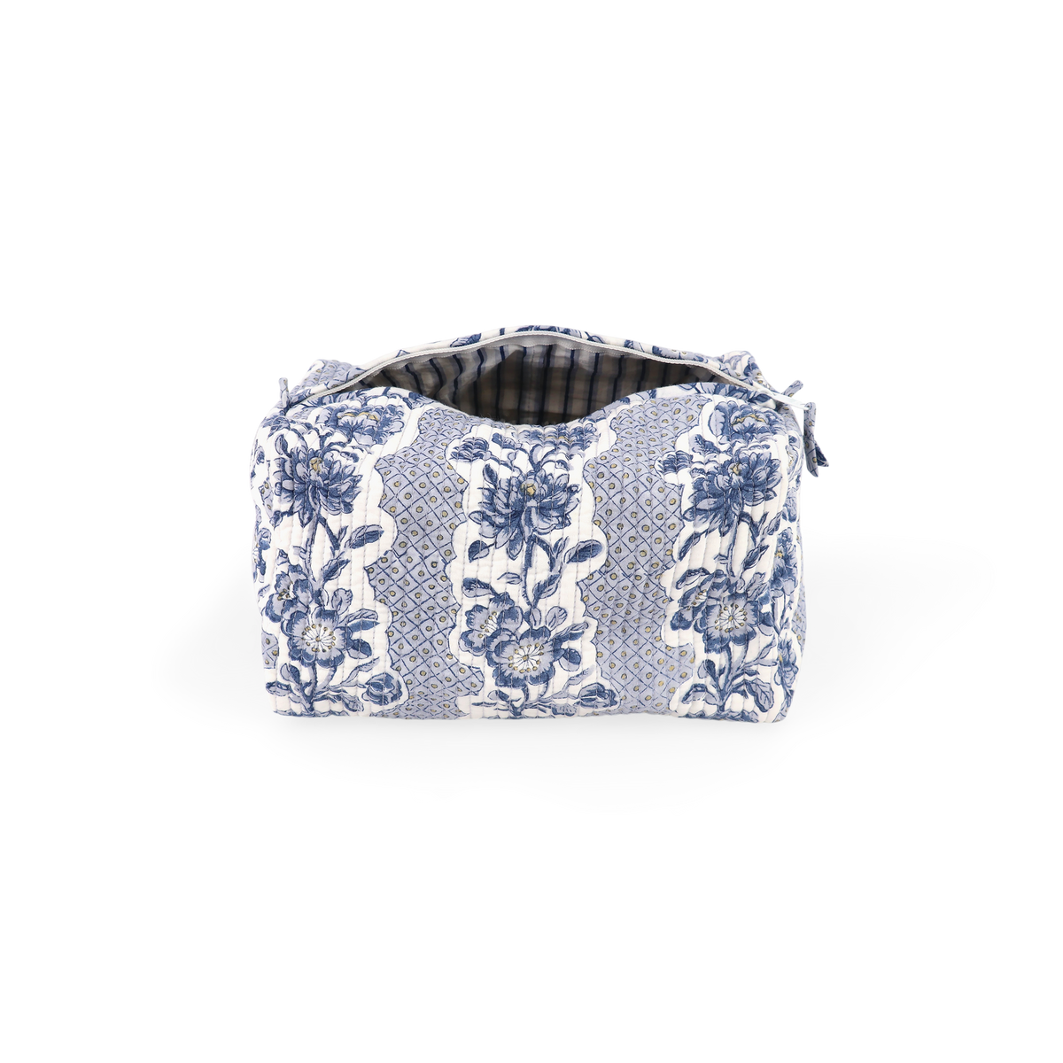 Harbor Blue Blooming Trellis – Hand Block Printed Quilted Beauty Bag (Large - 9.5" x 5" x 4")