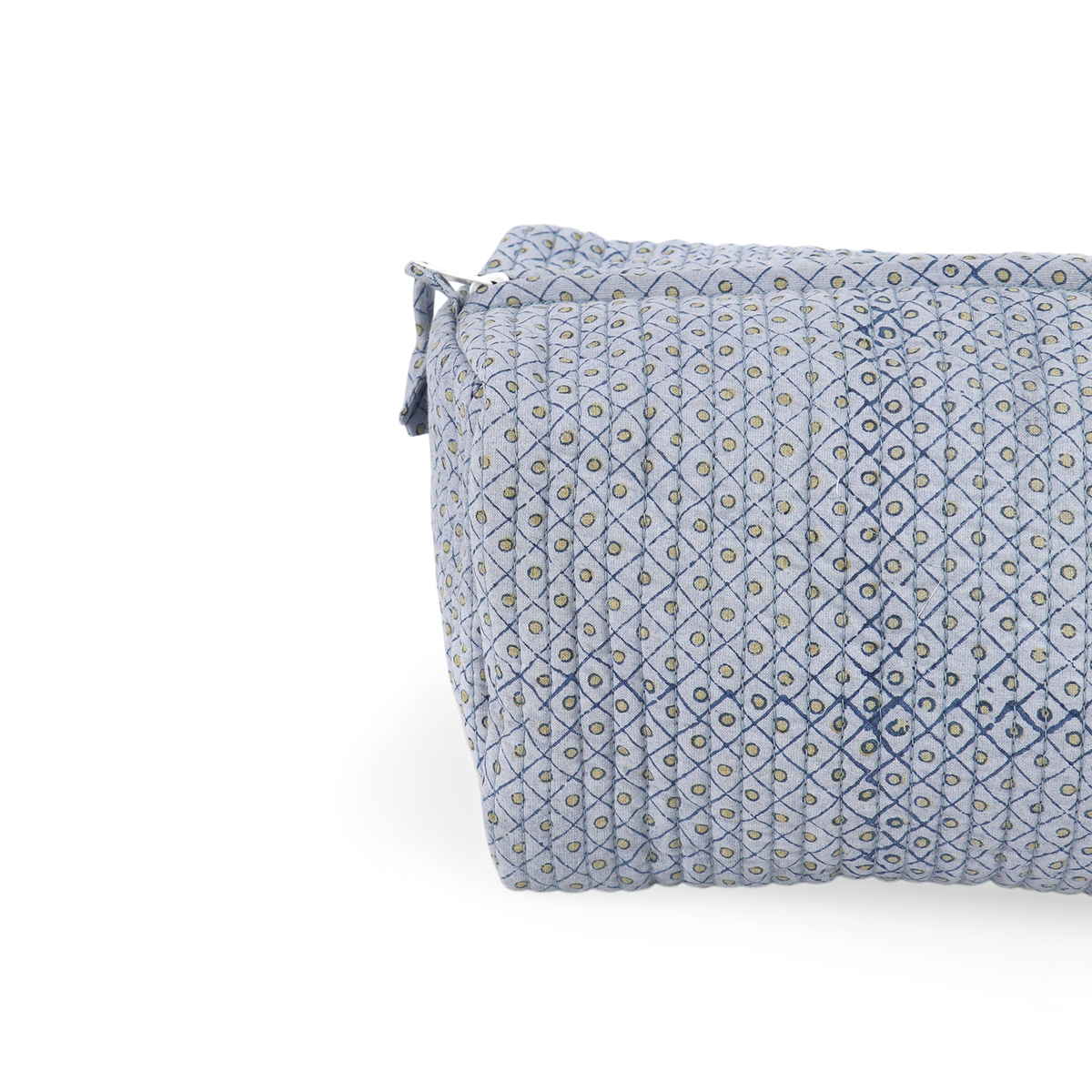 Harbor Blue Dot & Grid – Hand Block Printed Quilted Beauty Bag (Medium – 8.5" x 4" x 3.5")