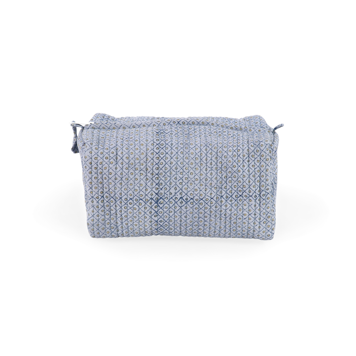 Harbor Blue Dot & Grid – Hand Block Printed Quilted Beauty Bag (Medium – 8.5" x 4" x 3.5")