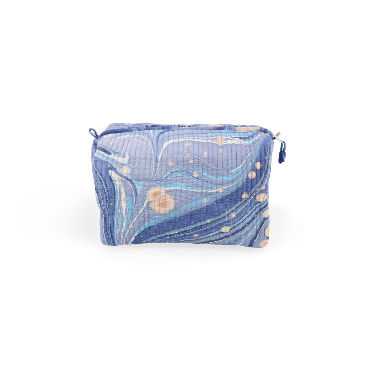 Harbor Blue Fire Whirl – Hand Marbled Quilted Beauty Bag (Large – 9.5" x 5" x 4")