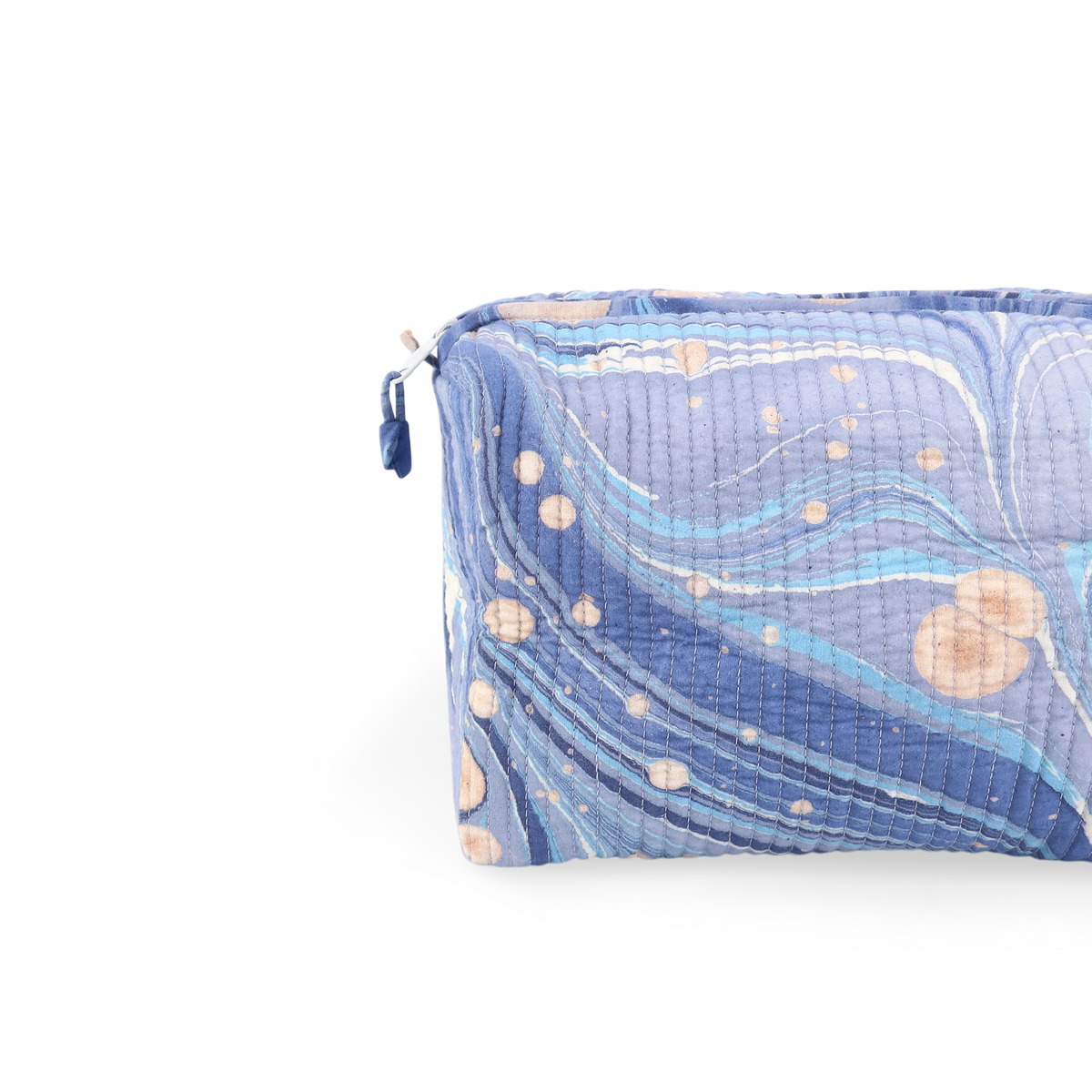 Harbor Blue Fire Whirl – Hand Marbled Quilted Beauty Bag (Large – 9.5" x 5" x 4")