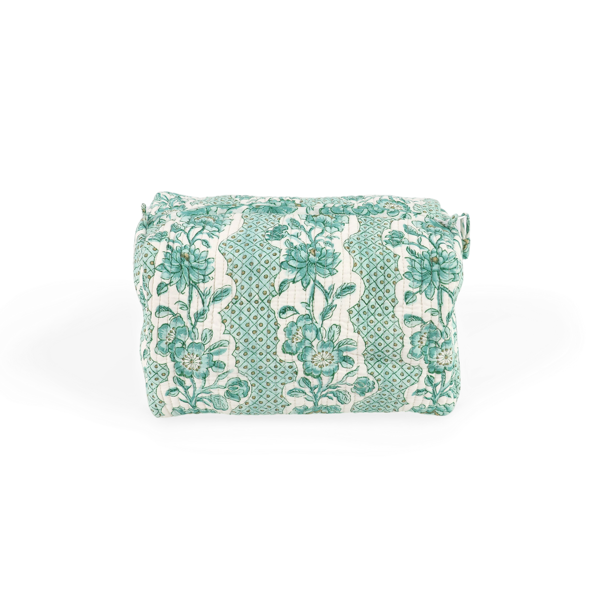 Celadon Green Blooming Trellis – Hand Block Printed Quilted Beauty Bag (Large - 9.5" x 5" x 4")