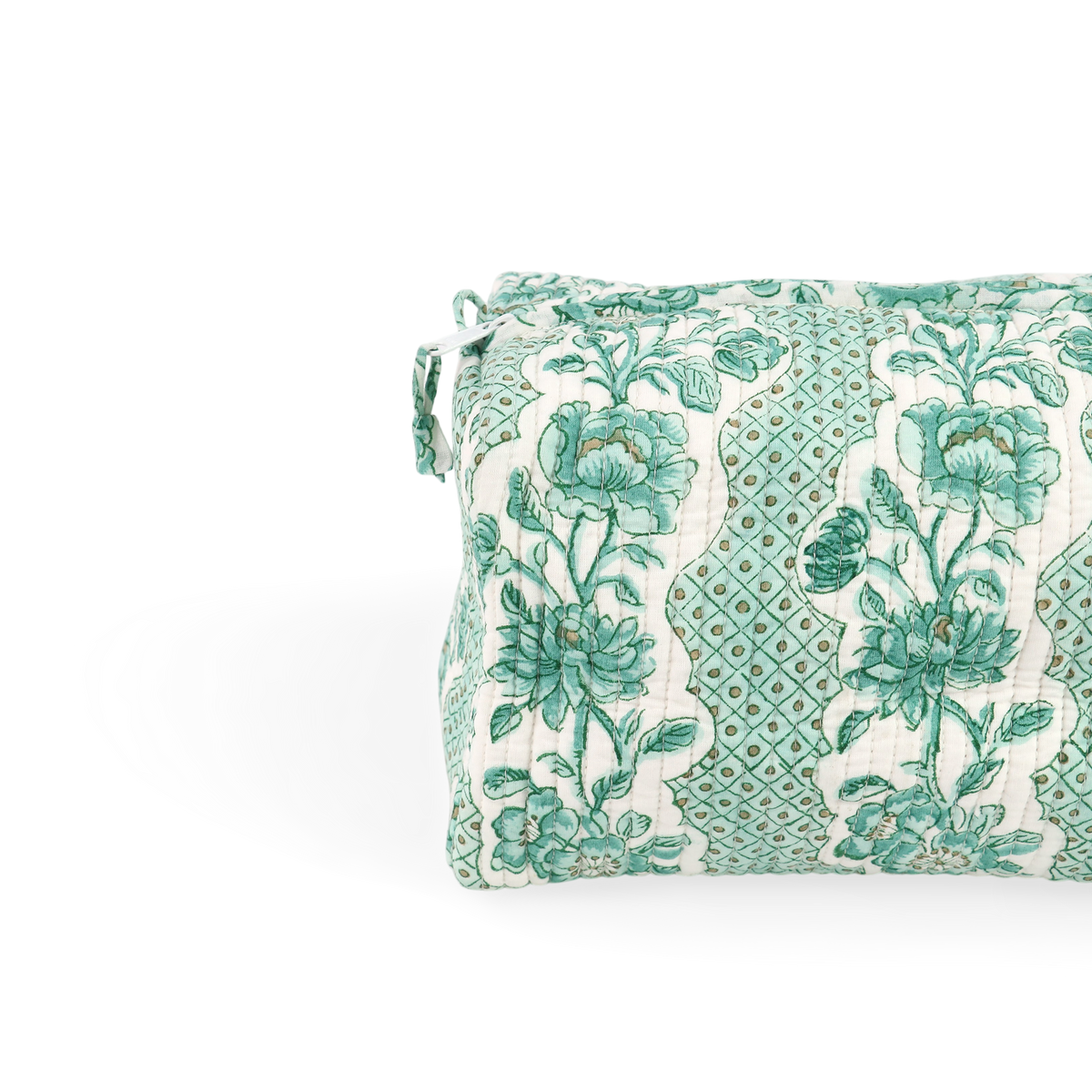 Celadon Green Blooming Trellis – Hand Block Printed Quilted Beauty Bag (Large - 9.5" x 5" x 4")