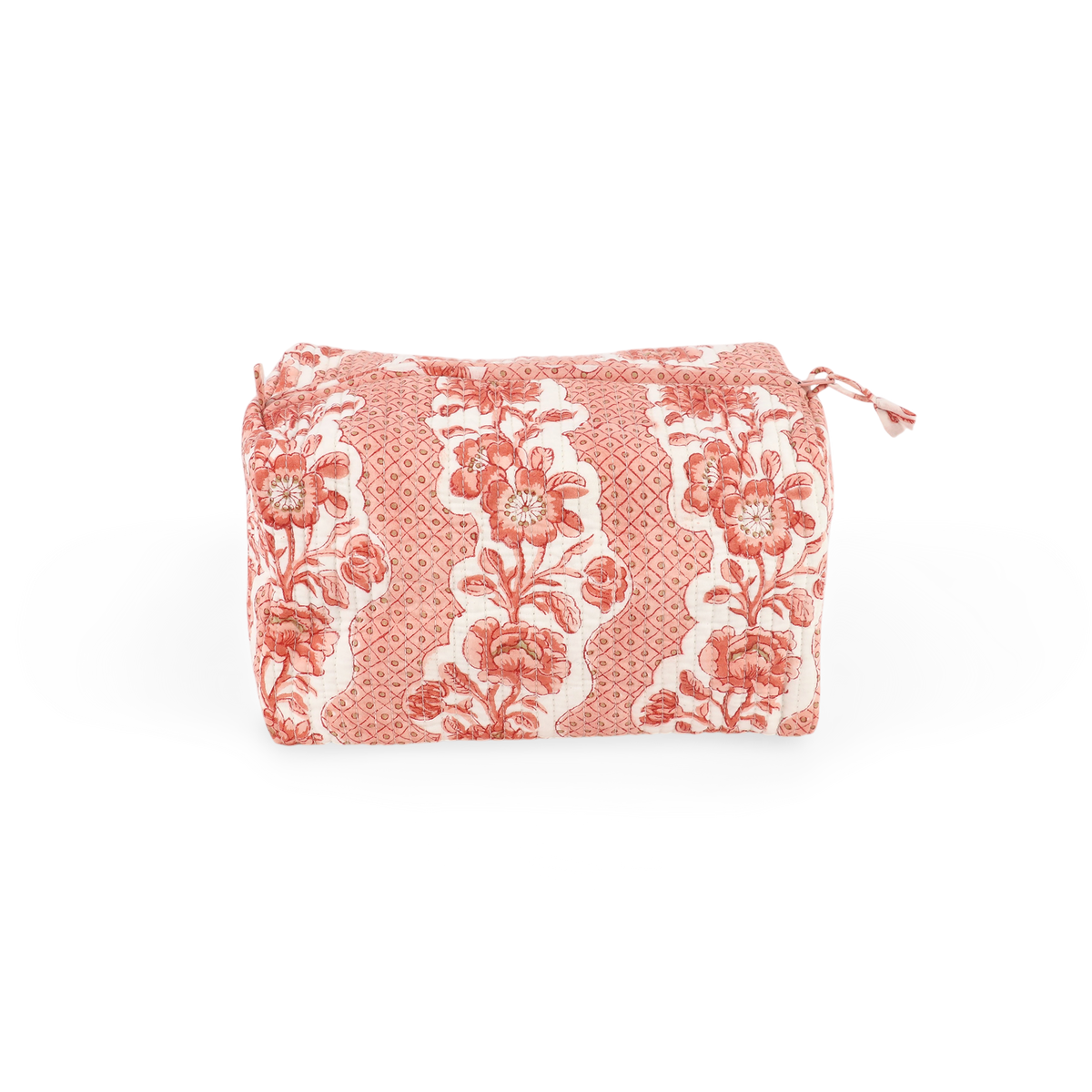 Garnet Red Blooming Trellis – Hand Block Printed Quilted Beauty Bag (Large - 9.5" x 5" x 4")