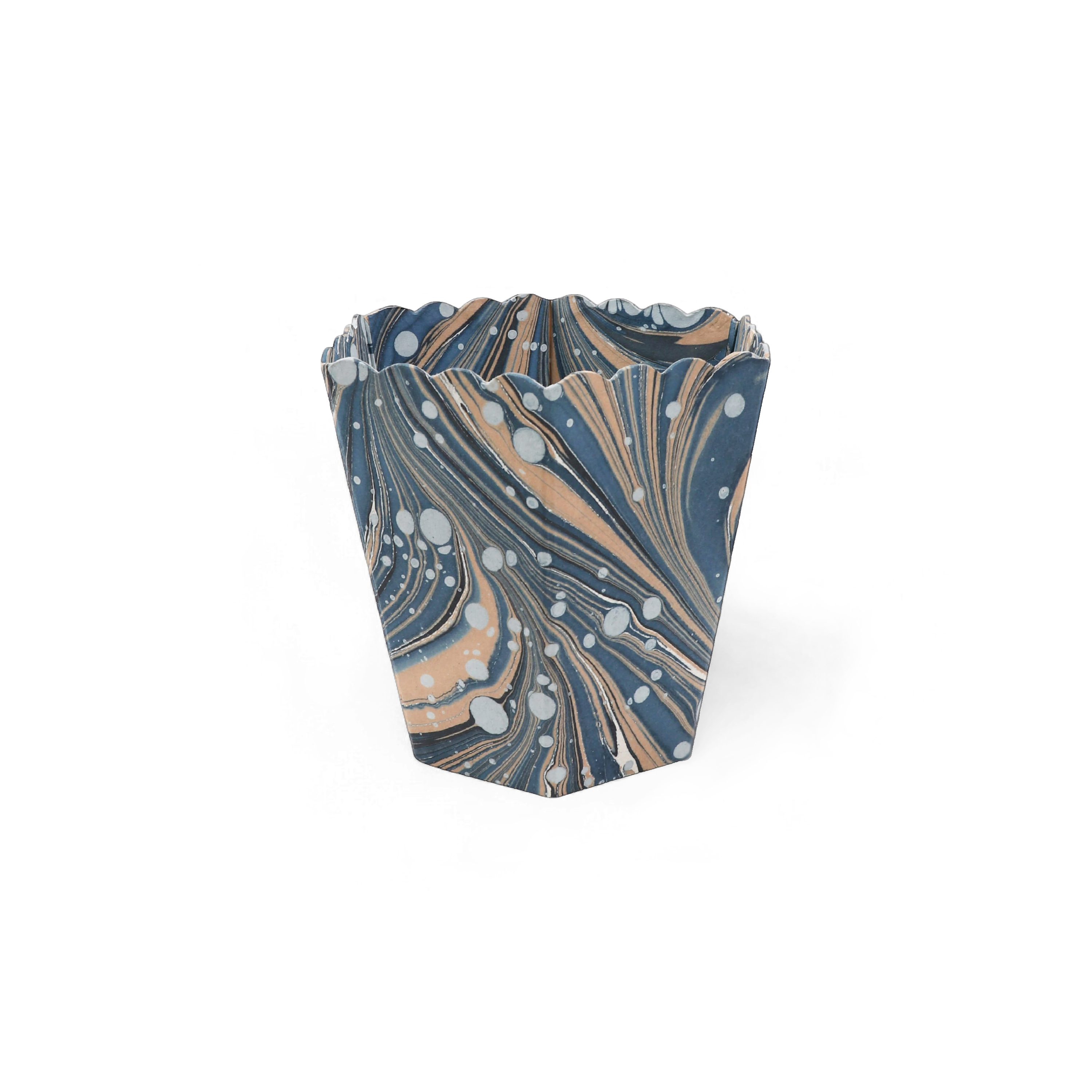 Indigo Swell – Hand Marbled Scalloped Basket (8.5" x 7.5" x 8")