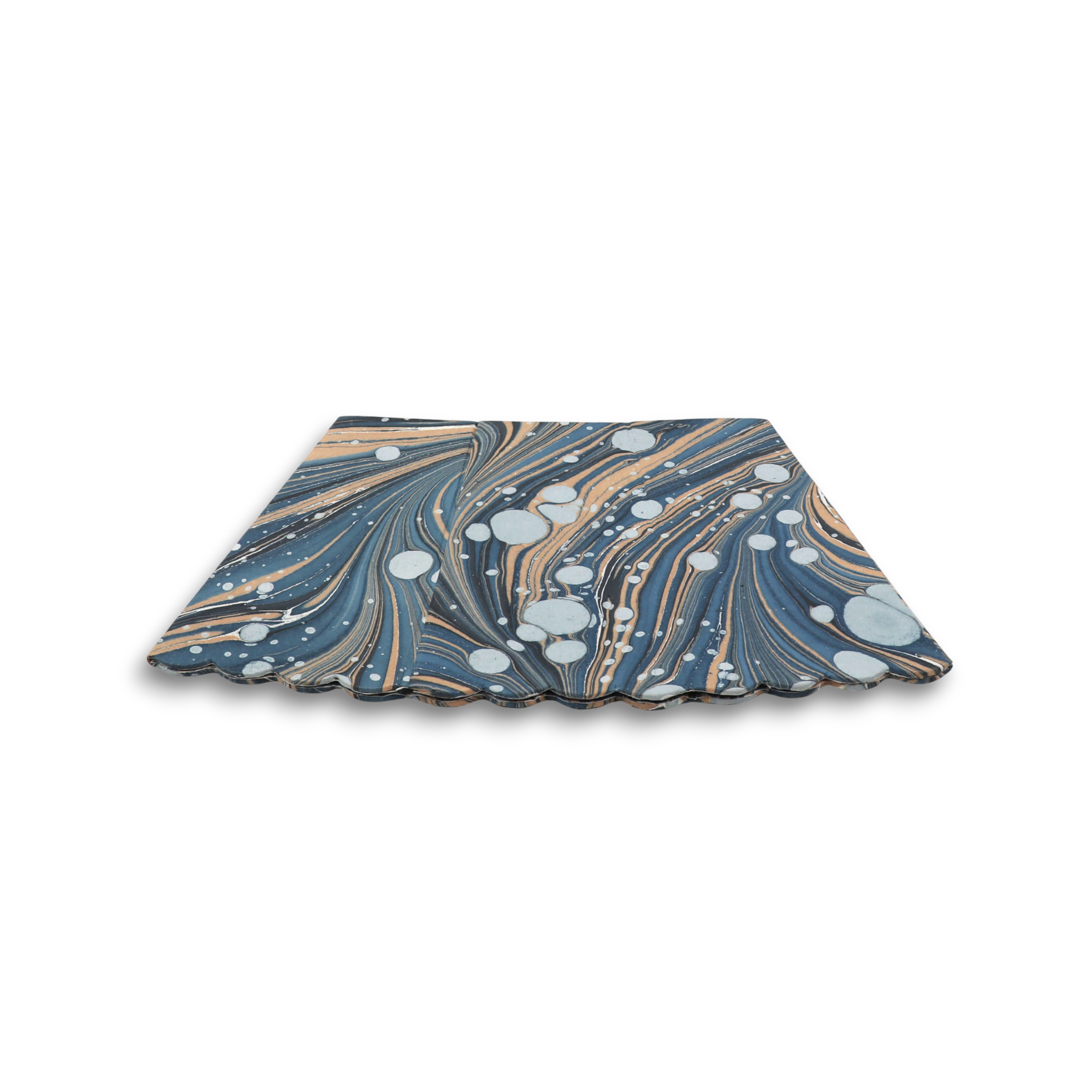 Indigo Swell – Hand Marbled Scalloped Basket (8.5" x 7.5" x 8")