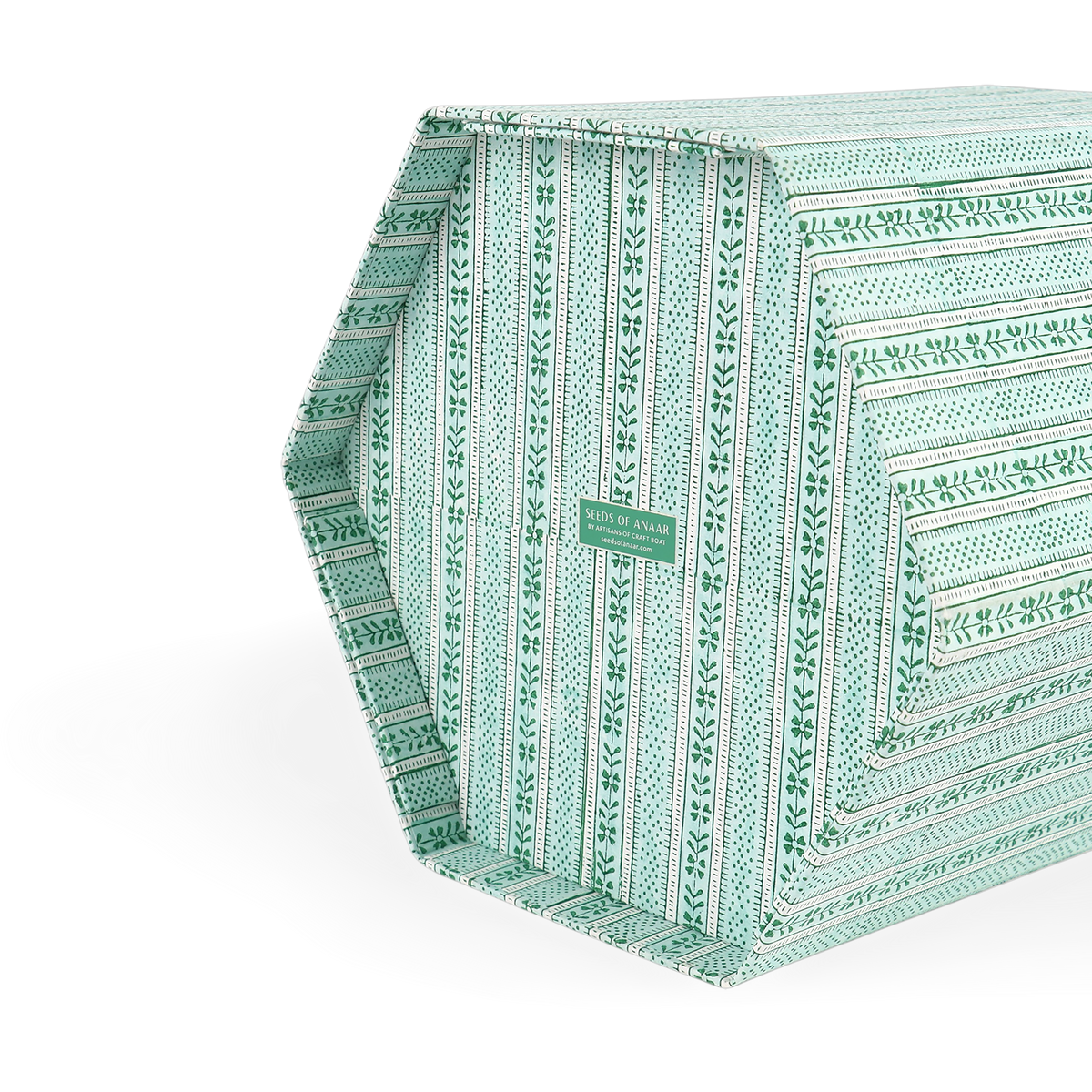 Celadon Green Floral Stripe – Hand Block Printed Collapsible Basket (9.5" x 9.5" x 10.5")