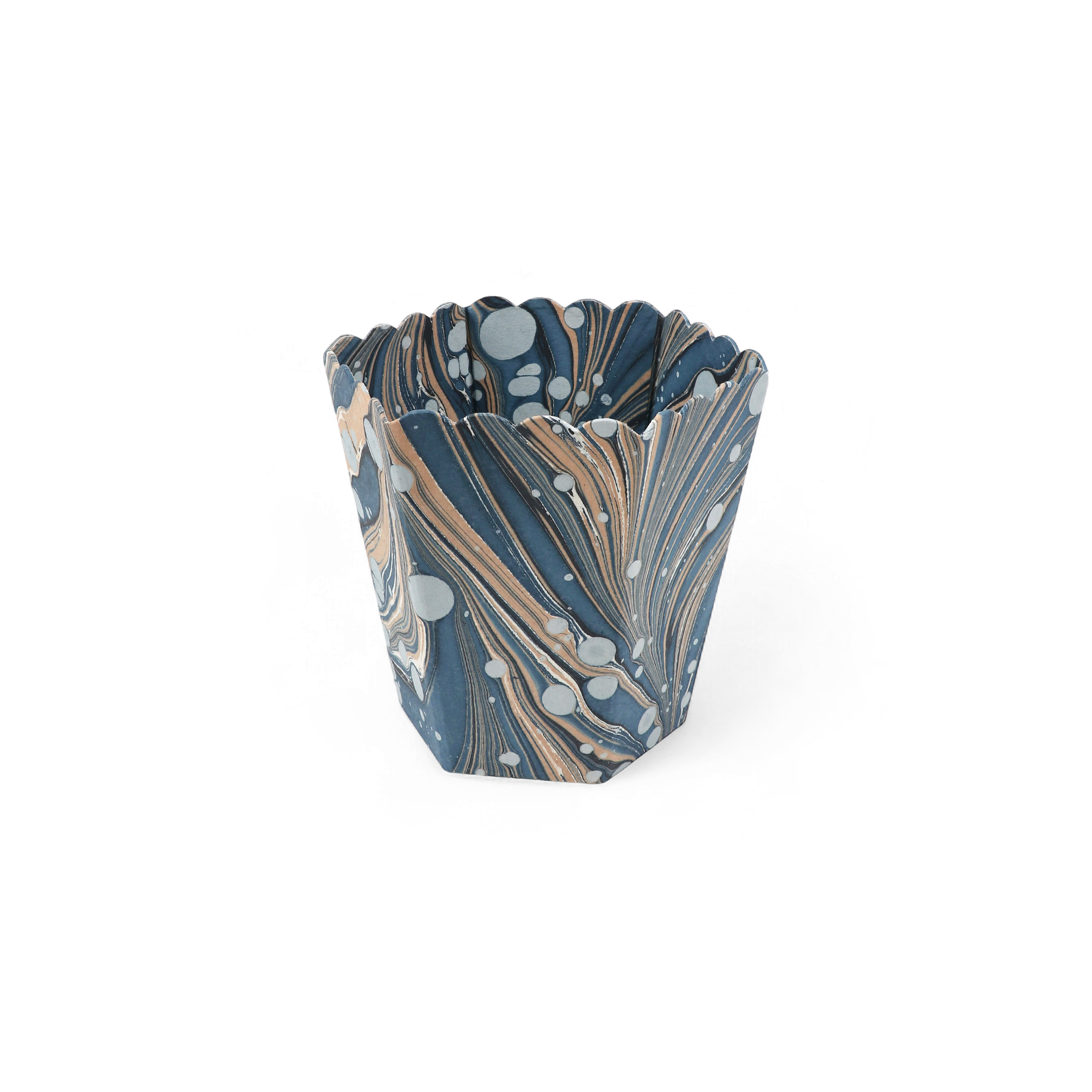 Indigo Swell – Hand Marbled Scalloped Basket (8.5" x 7.5" x 8")