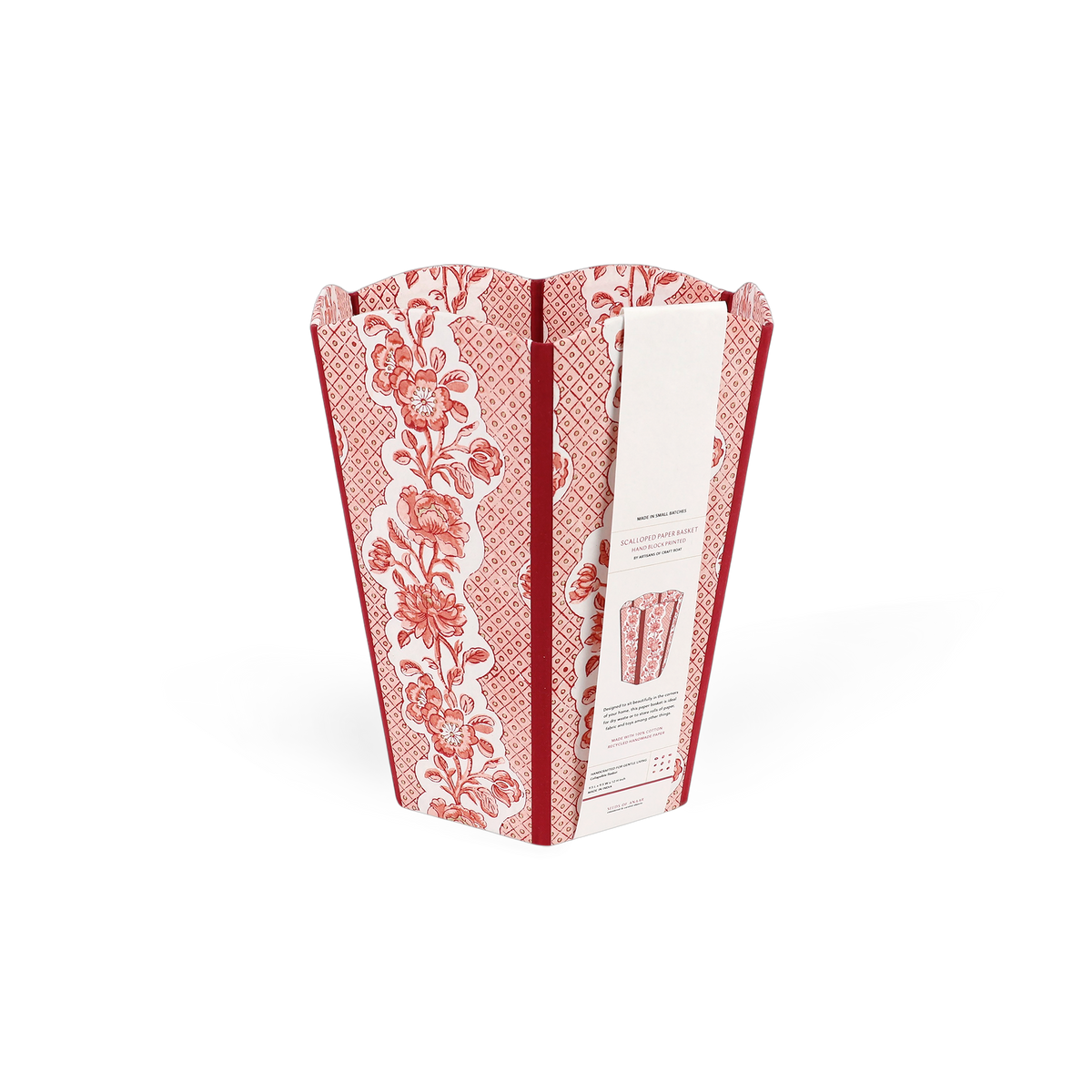 Garnet Red Blooming Trellis – Hand Block Printed Scalloped Basket (9.5" W x 9.5" D x 12" H.)