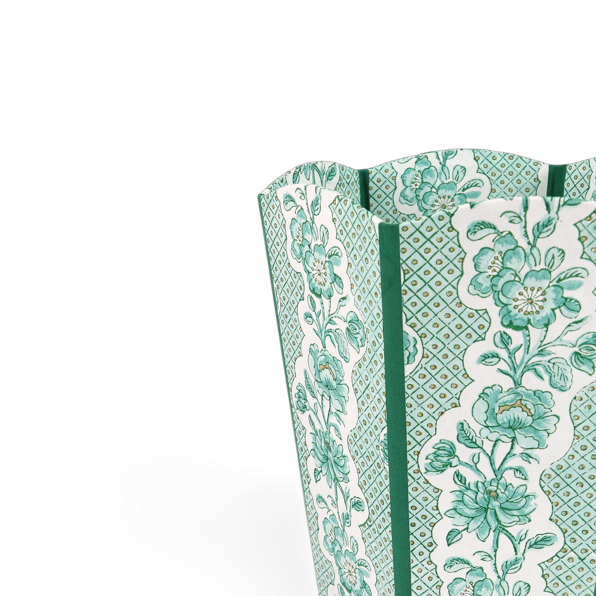 Celadon Green Blooming Trellis – Hand Block Printed Scalloped Basket (9.5" W x 9.5" D x 12" H.)