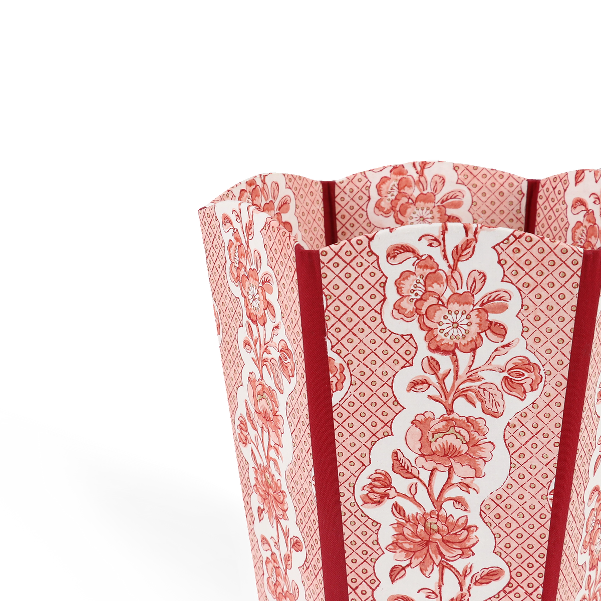 Garnet Red Blooming Trellis – Hand Block Printed Scalloped Basket (9.5" W x 9.5" D x 12" H.)