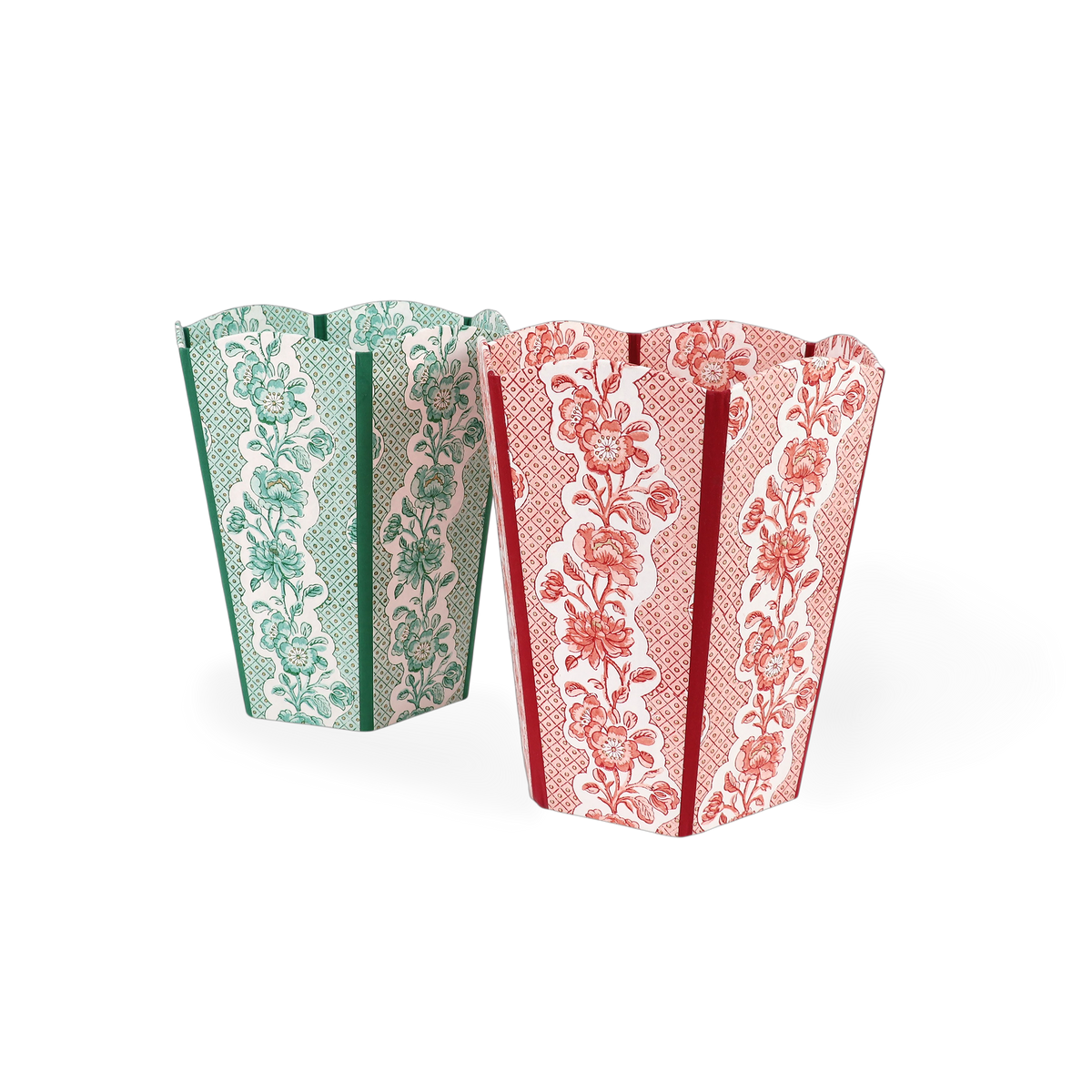 Garnet Red Blooming Trellis – Hand Block Printed Scalloped Basket (9.5" W x 9.5" D x 12" H.)