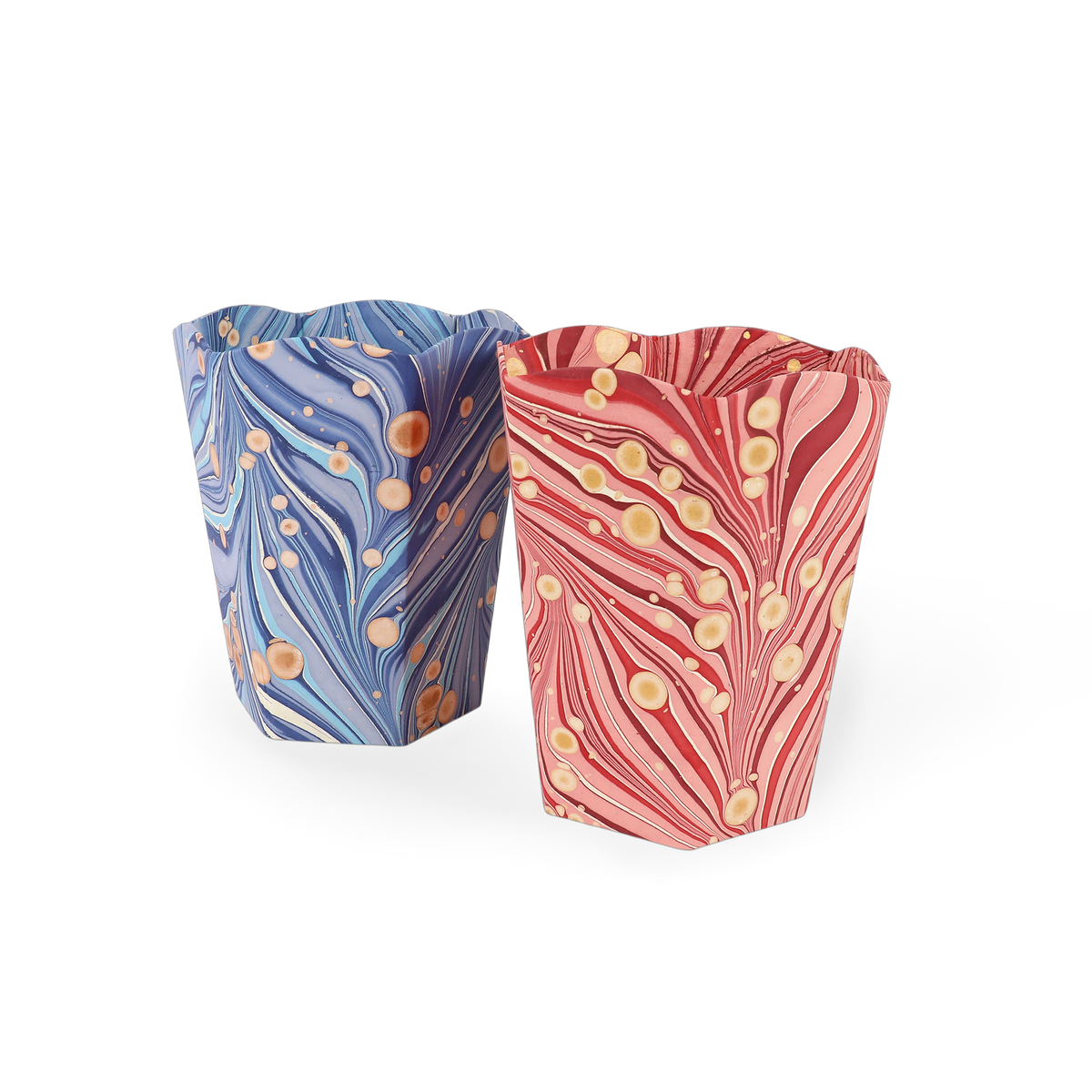 Garnet Red Fire Whirl – Hand Marbled Scalloped Basket (9.5" W x 9.5" D x 12" H.)