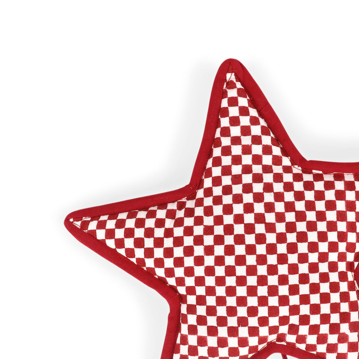 Garnet Red Check – Hand Block Printed Christmas Ornament Star (9.5" × 9.5")