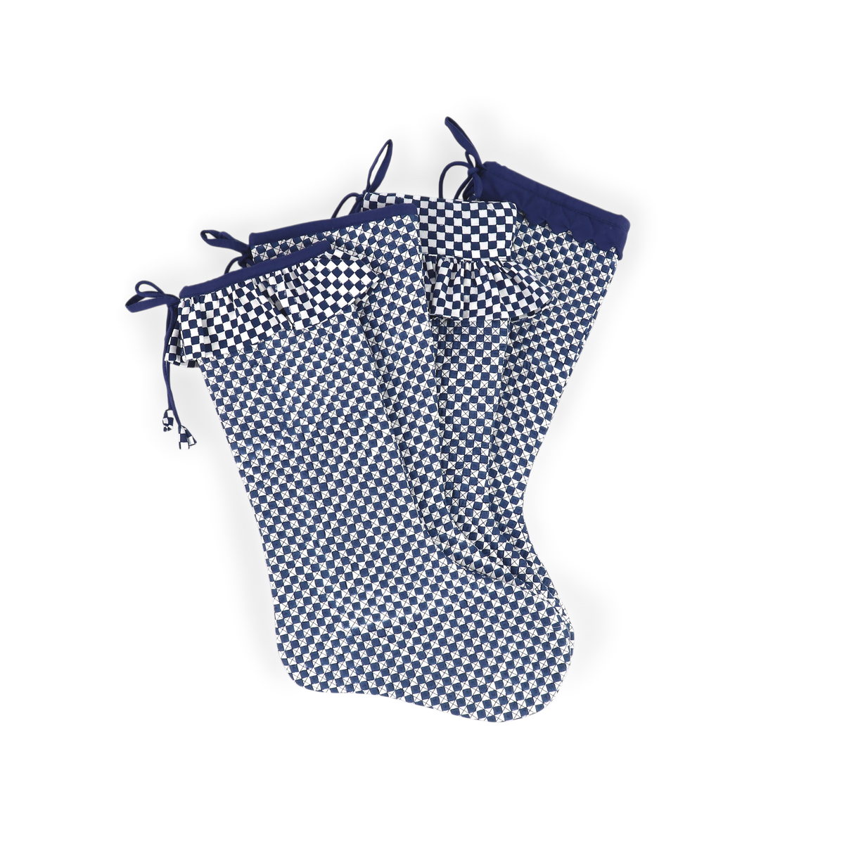 Harbor Blue Check – Hand Block Printed Christmas Stocking With Frill (16" × 5")