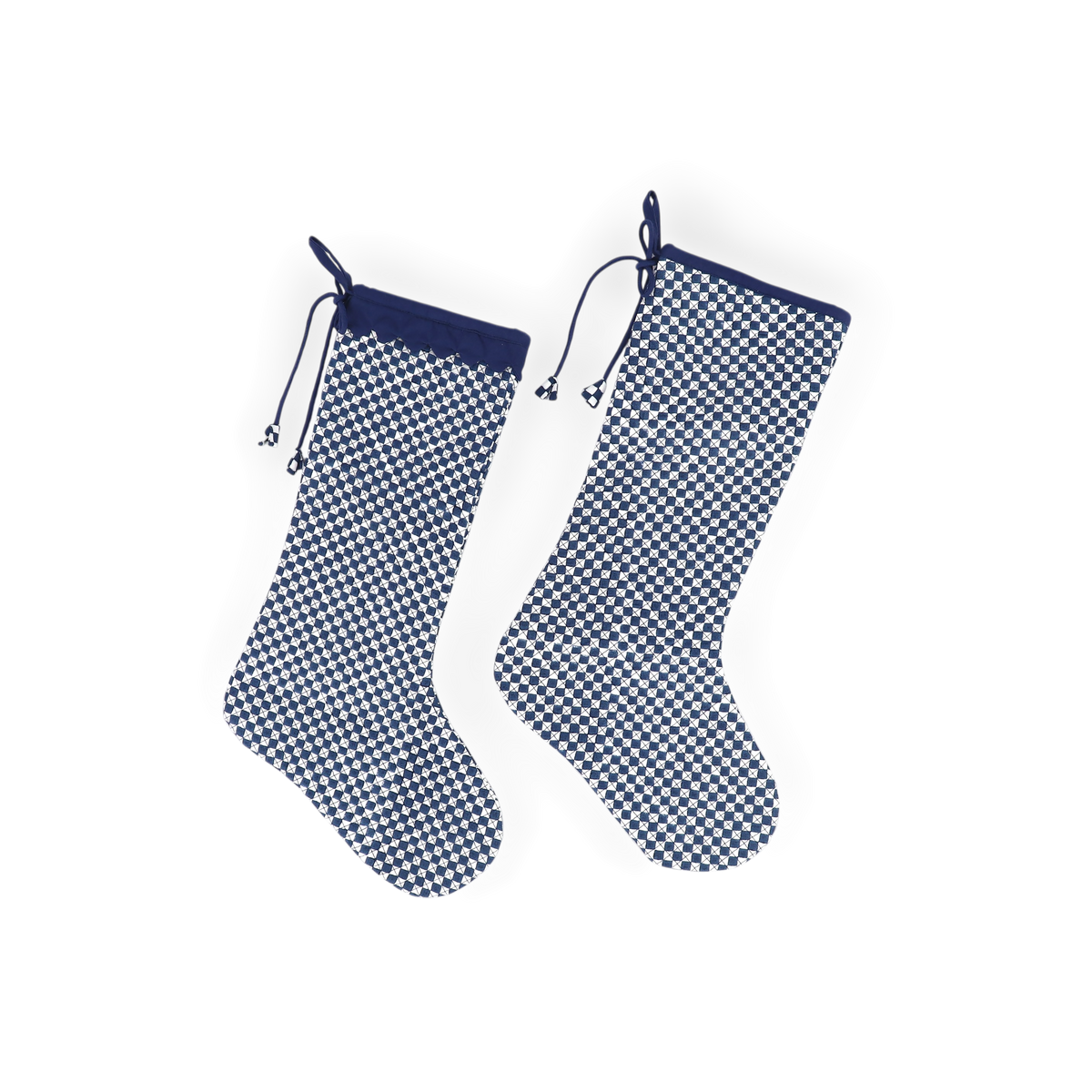 Harbor Blue Check – Hand Block Printed Christmas Stocking With Scalloped Edge (16" × 5")