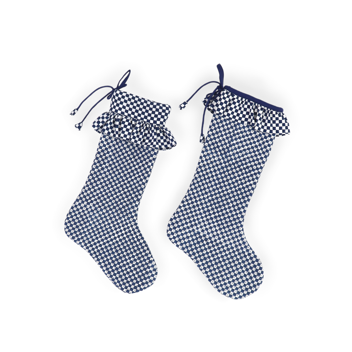 Harbor Blue Check – Hand Block Printed Christmas Stocking Piping With Frill (16" × 5")