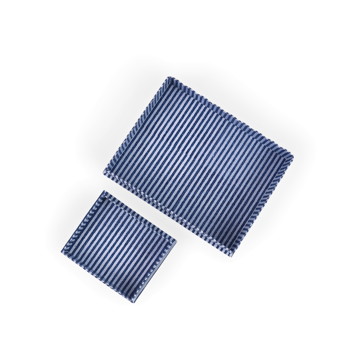 Harbor Blue Classic Stripe – Hand Block Printed Tray Set (Set of 2) (Large: 12" x 9.5" x 1.5") ( Small: 5.5" X 6.75" X 1.5")