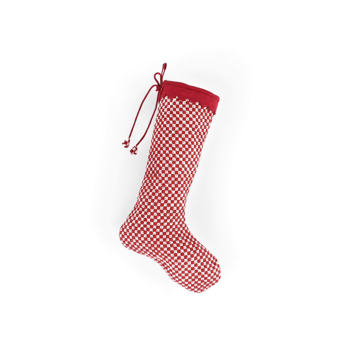 Garnet Red Check – Hand Block Printed Christmas Stocking With Scalloped Edge (16" × 5")