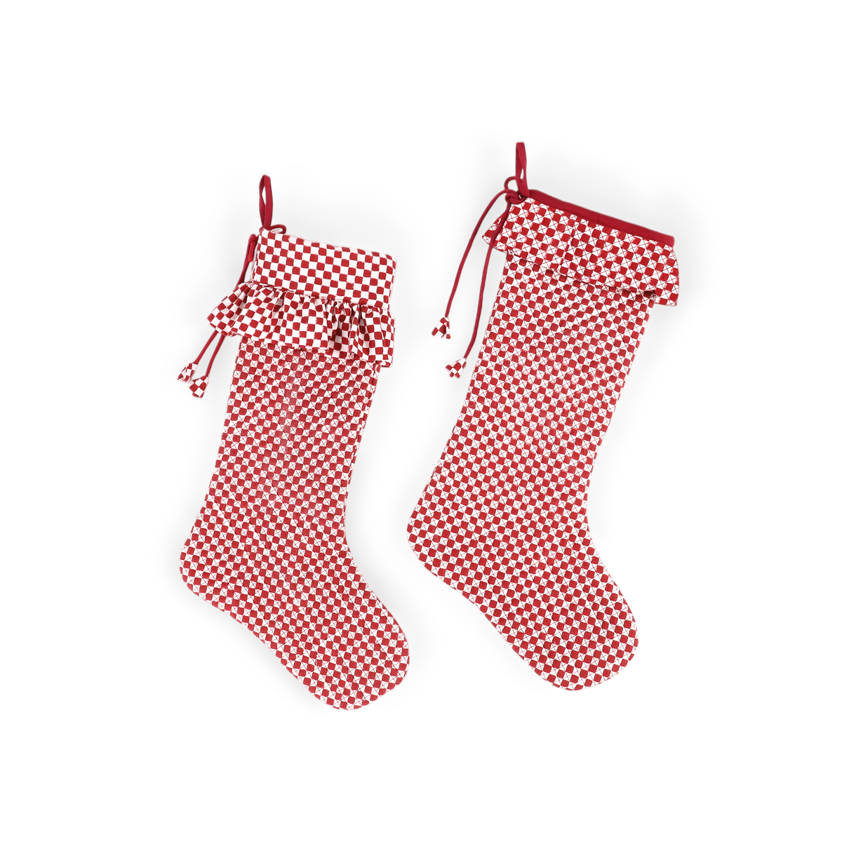 Garnet Red Check – Hand Block Printed Christmas Stocking Piping With Frill (16" × 5")