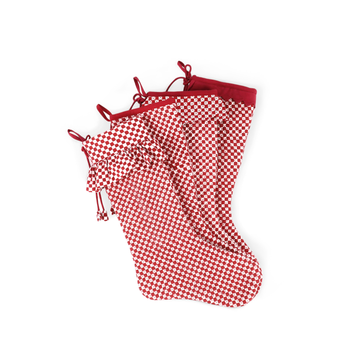 Garnet Red Check – Hand Block Printed Christmas Stocking With Piping (16" × 5")