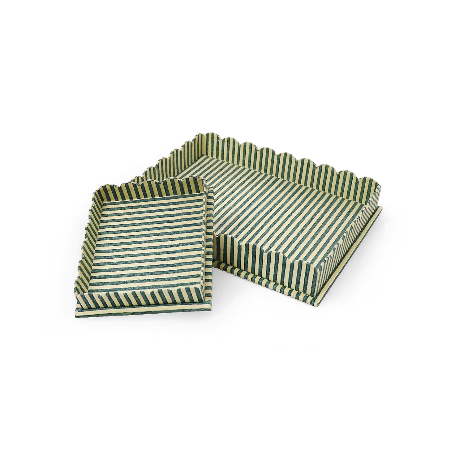 Forest Stripe – Hand Block Printed Scalloped Tray (Set of 2) 12" x 9.5" x 1.5"