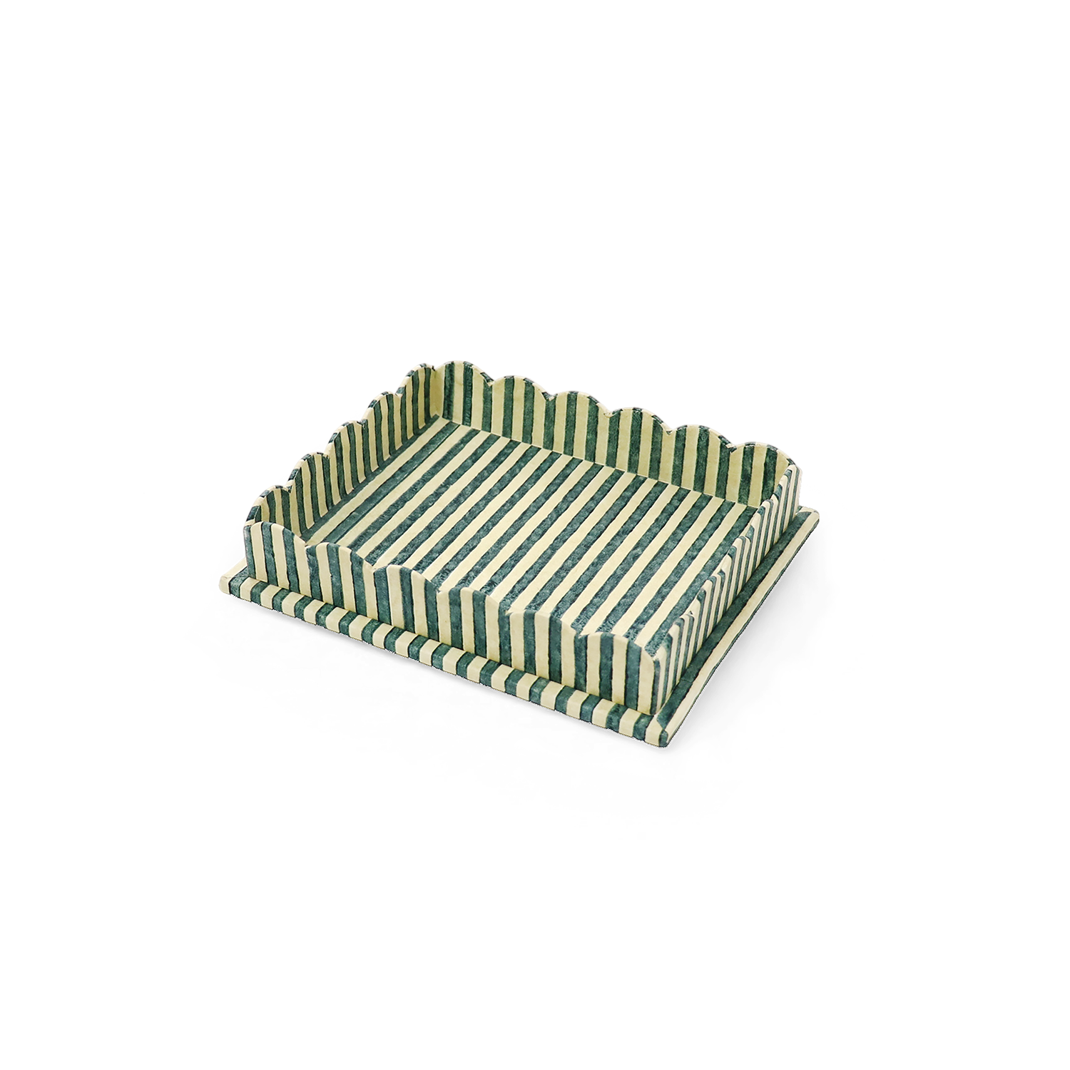 Forest Stripe – Hand Block Printed Scalloped Tray (Set of 2) 12" x 9.5" x 1.5"