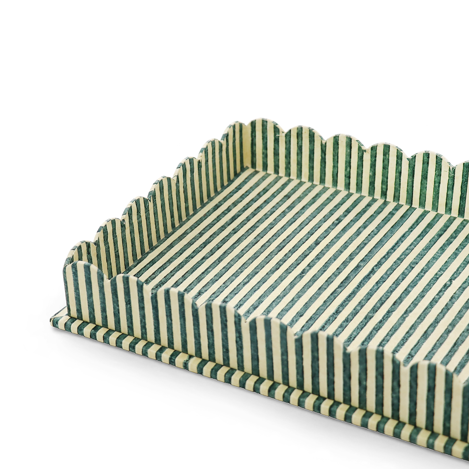 Forest Stripe – Hand Block Printed Scalloped Tray (Set of 2) 12" x 9.5" x 1.5"